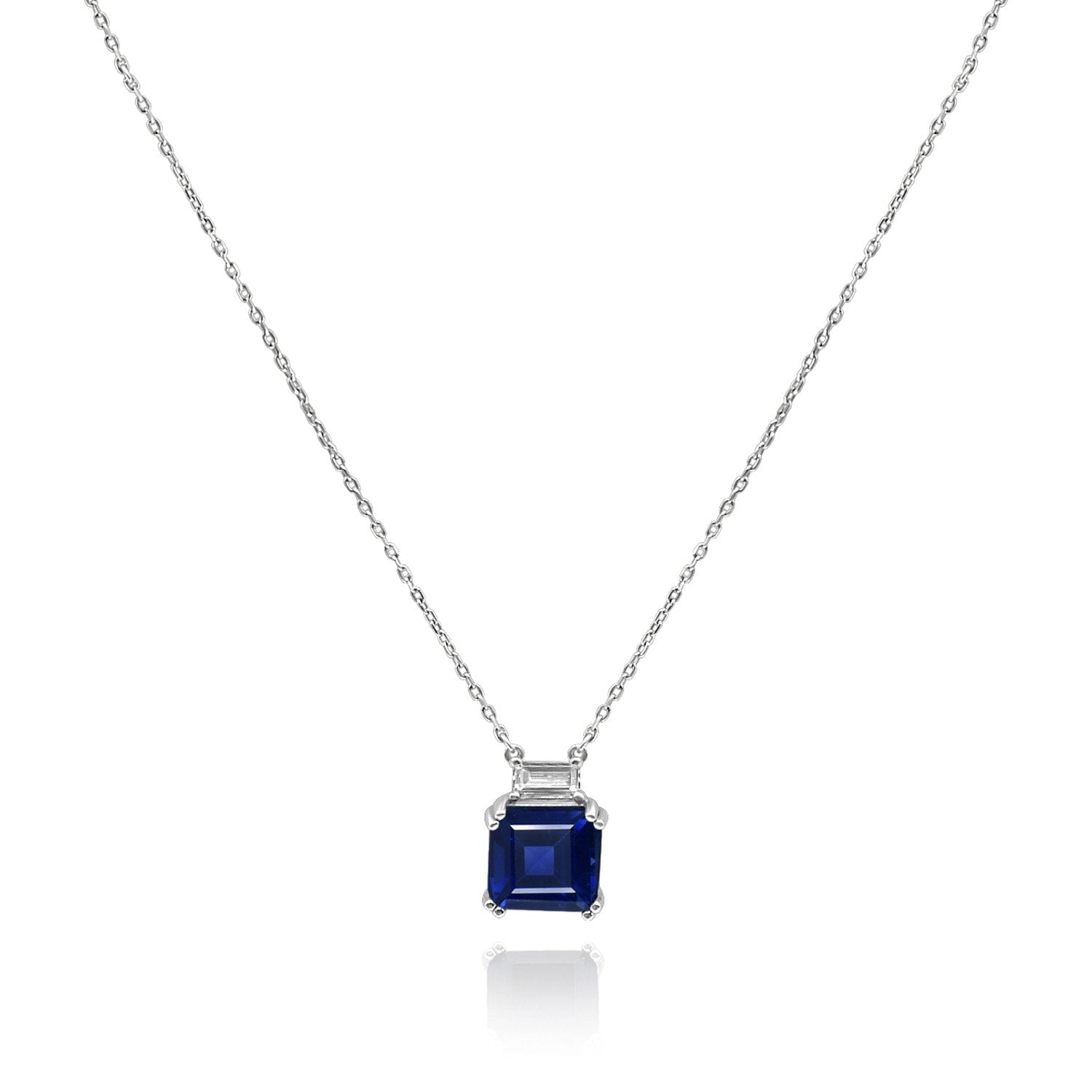 Sapphire Cubic Zirconium Cushion Pendant - Sterling Silver Chain