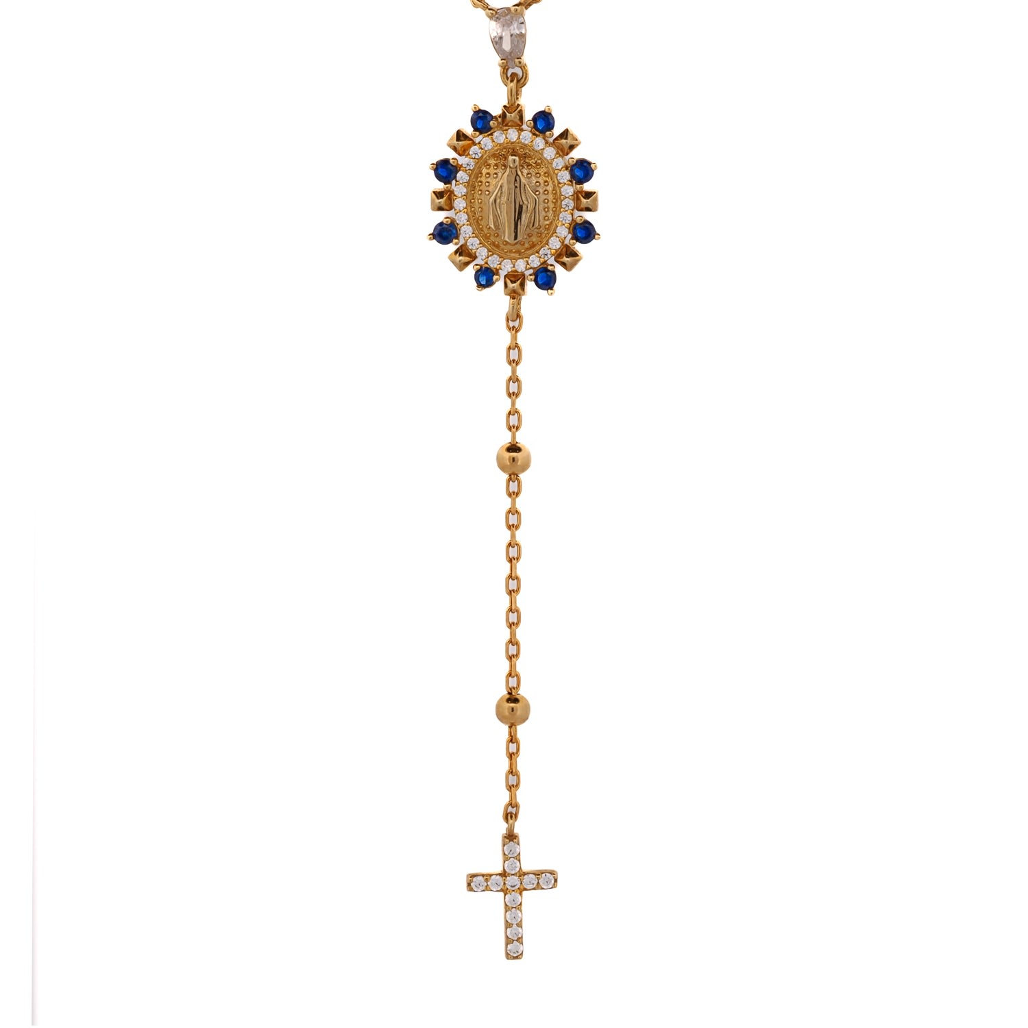 Sapphire & Diamond Virgin Marry & Cross Pendant Gold Chain Necklace - Gold
