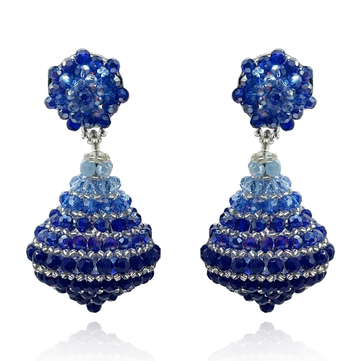 Sapphire Faceted Glass Bead Clip On Drop Earrings