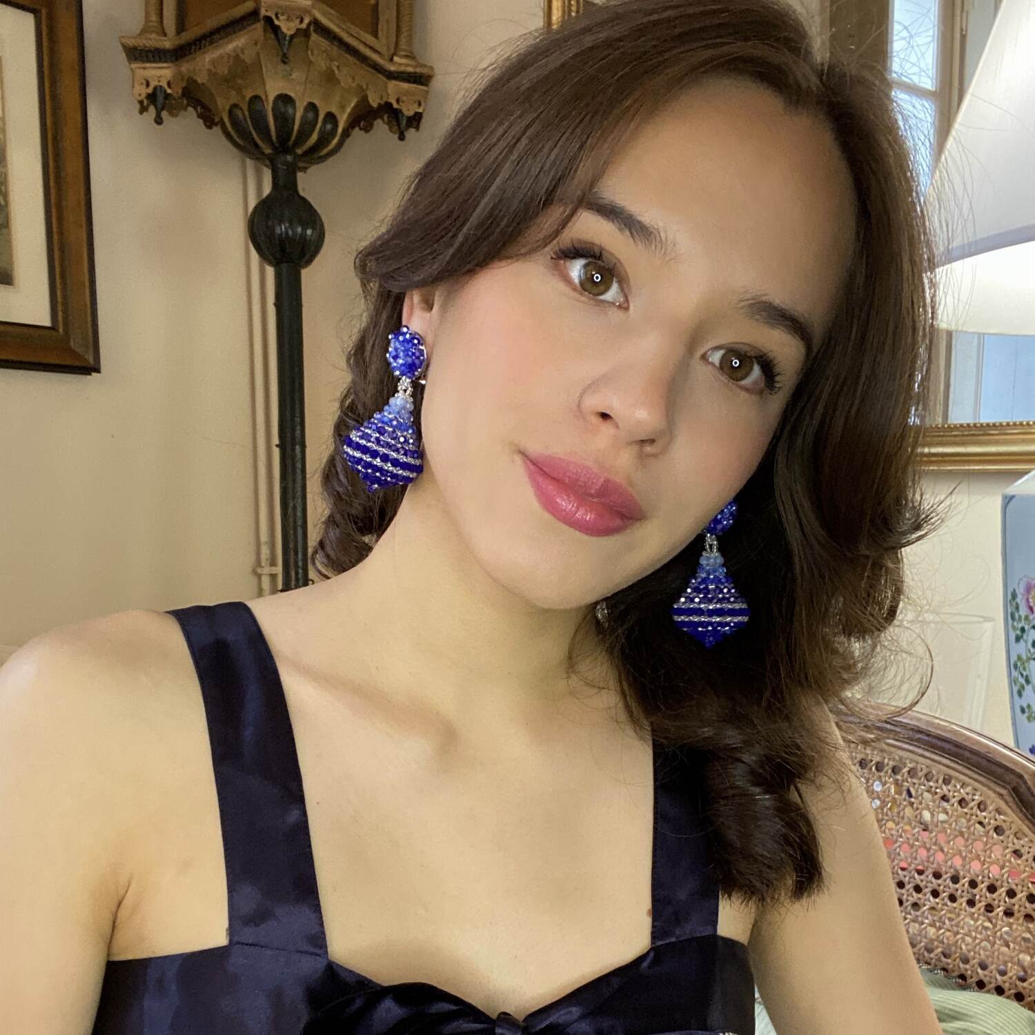 Sapphire Faceted Glass Bead Clip On Drop Earrings