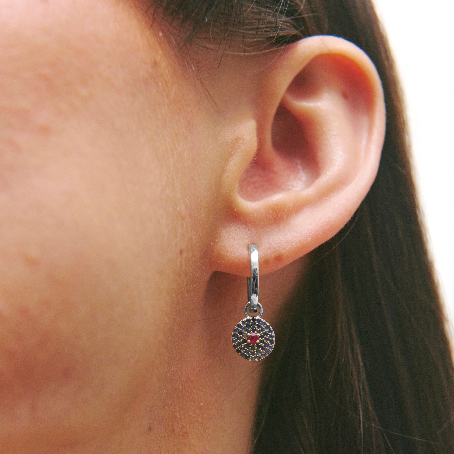 Sapphire & Ruby Pavé Disc Hoop Earrings 9K White Gold