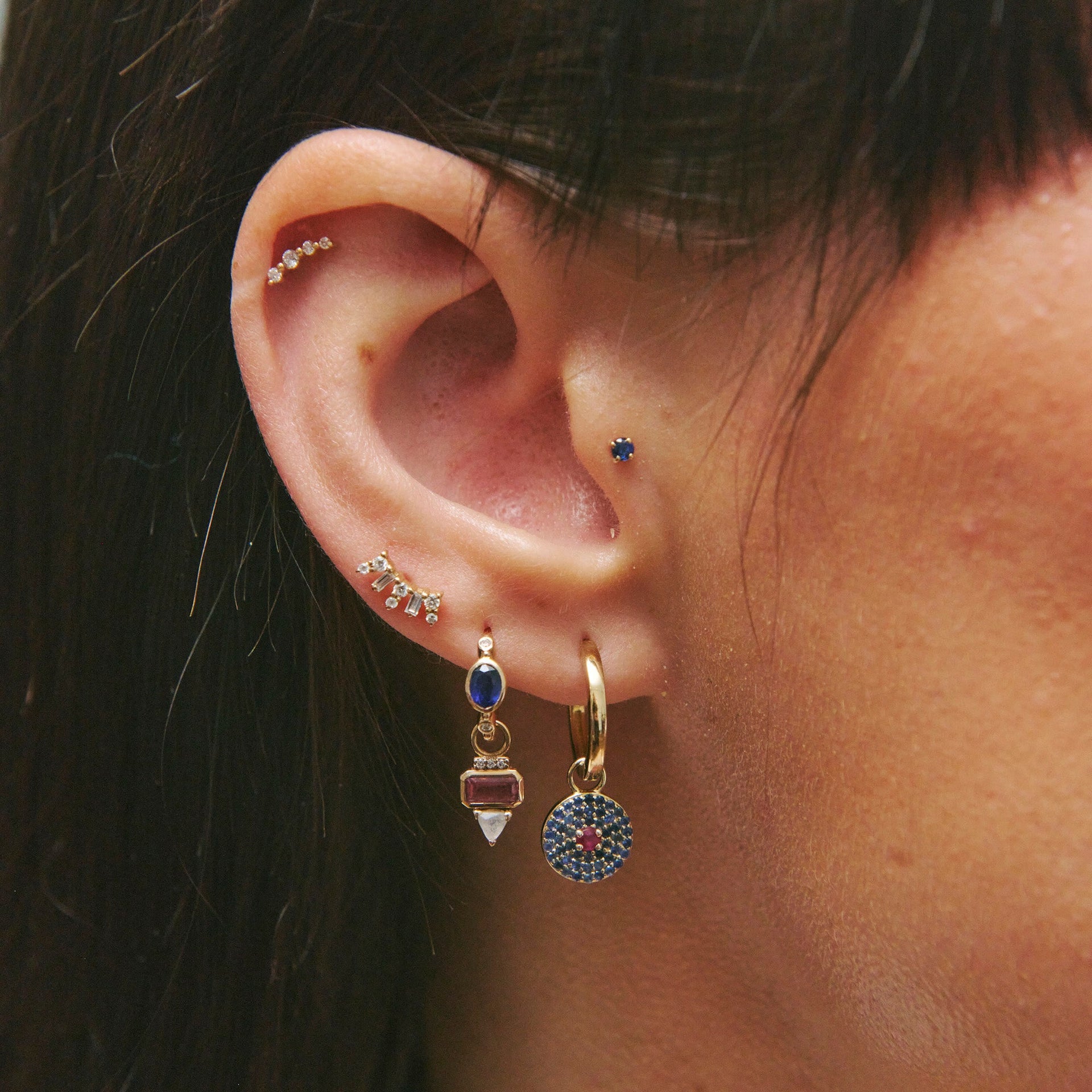 Sapphire & Ruby Pavé Disc Hoop Earrings 9K Gold
