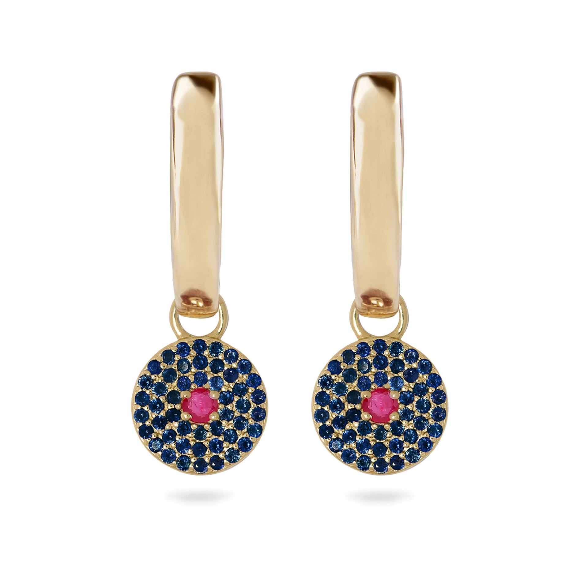 Sapphire & Ruby Pavé Disc Hoop Earrings 9K Gold