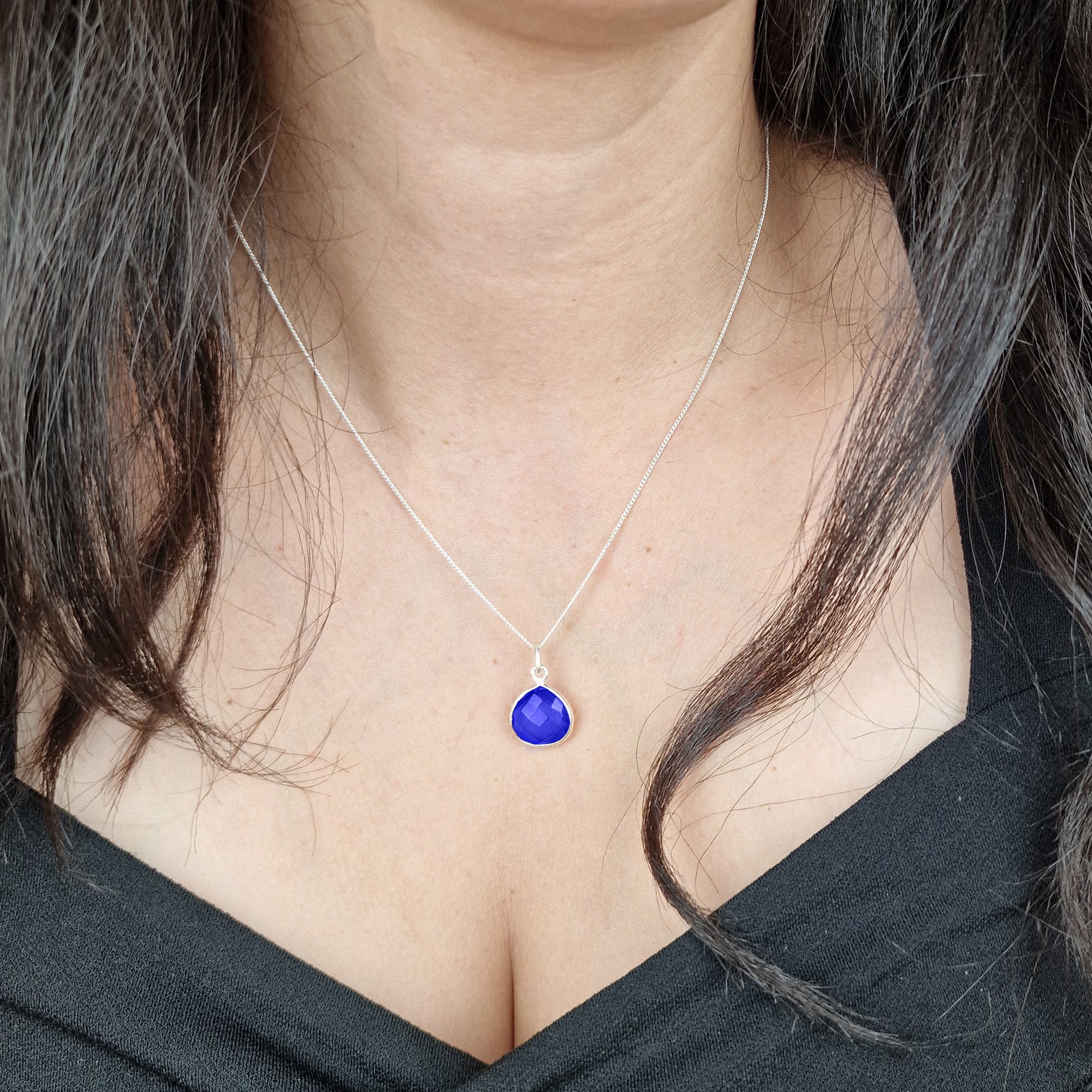 Sapphire September Birthstone Shiny Sterling Silver Charm Necklace