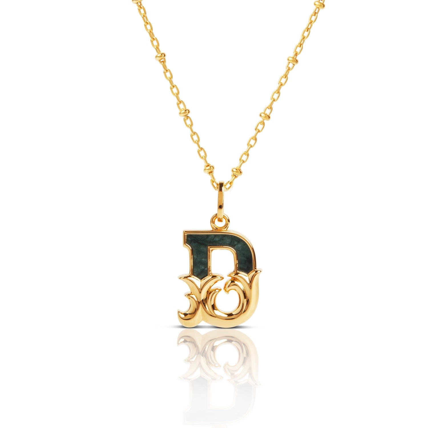 Gold Plated D Initial Necklace With Green Marble