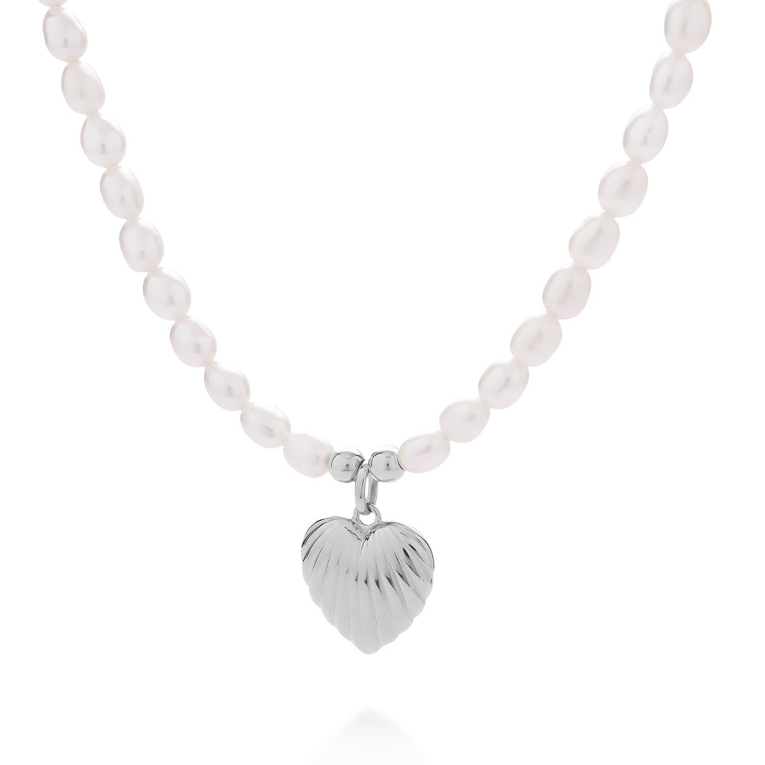 Scallop Heart White Pearl Necklace Sterling Silver