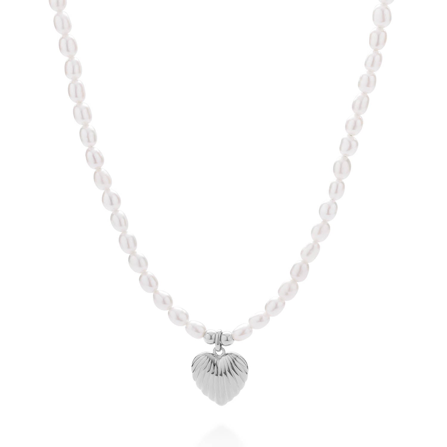 Scallop Heart White Pearl Necklace Sterling Silver