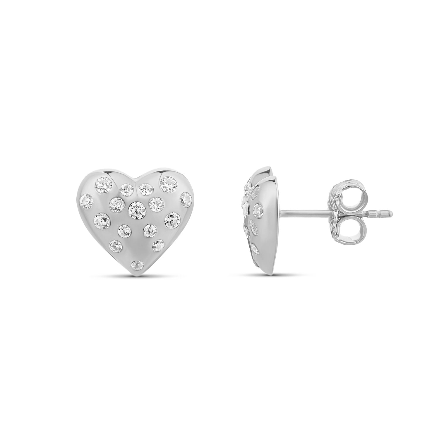 Scattered Stones Puffy Heart Earrings - Silver