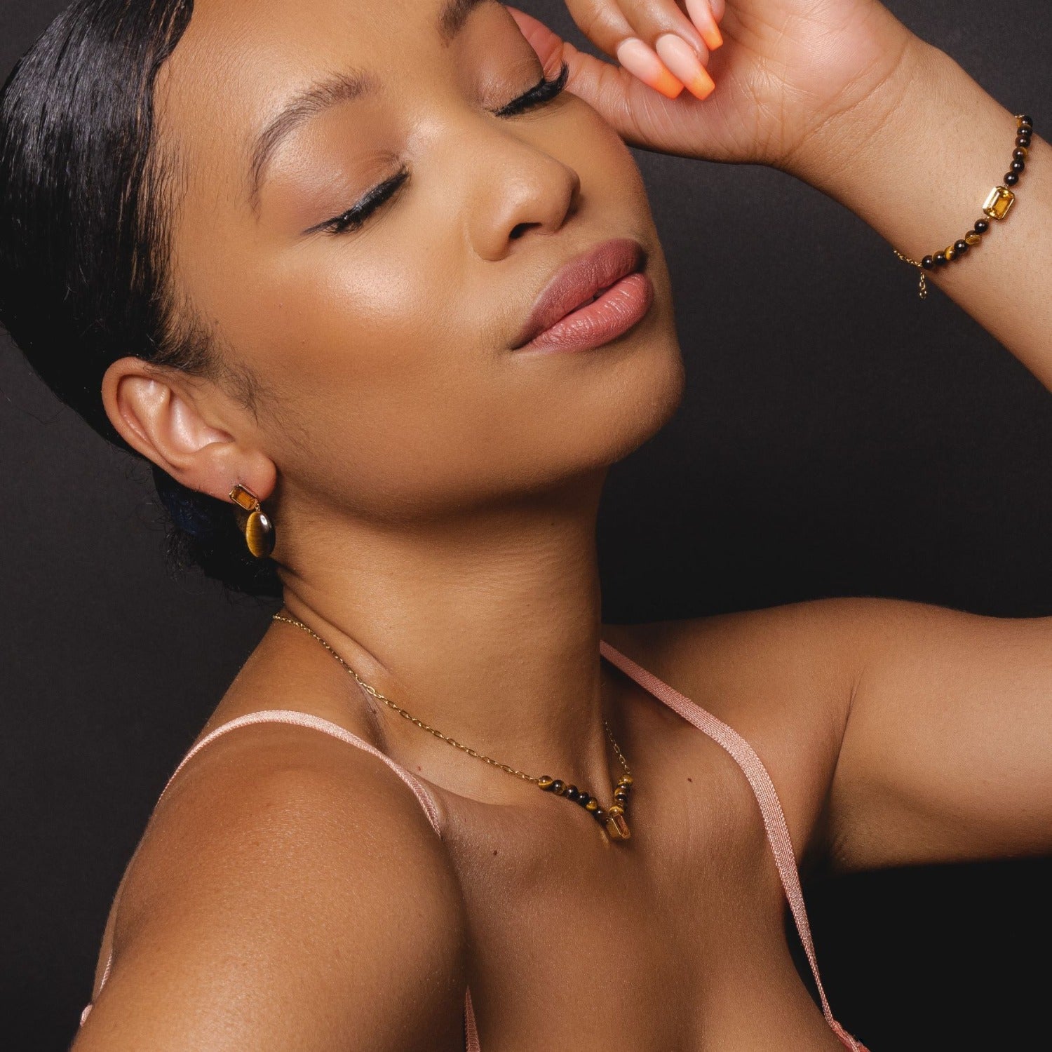 Ecfew Rose Gold Plated Sterling Silver Citrine Tiger S Eye Drop Earrings