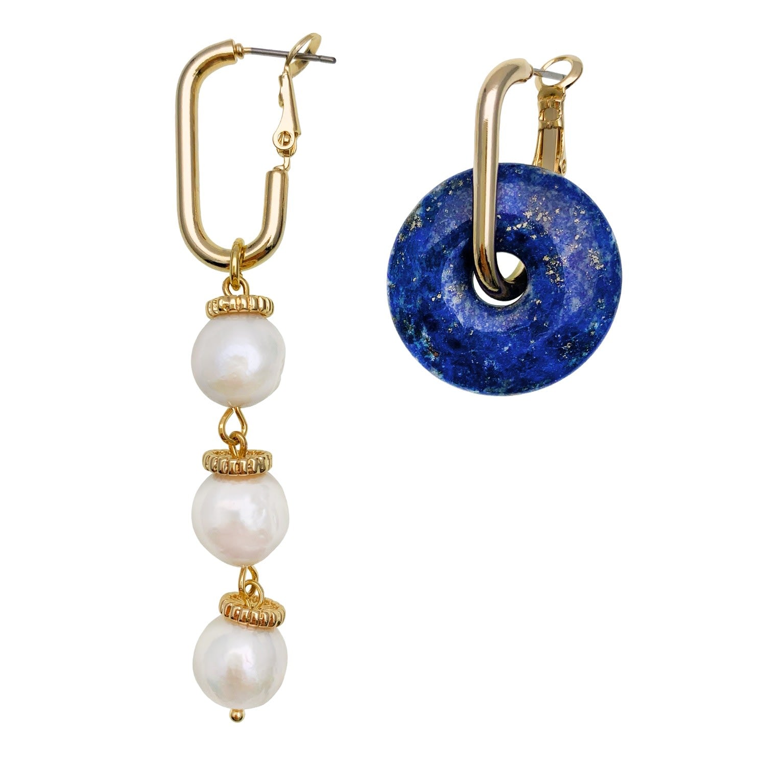 Asymmetric Lapis & Freshwater Pearls Clip On Earrings