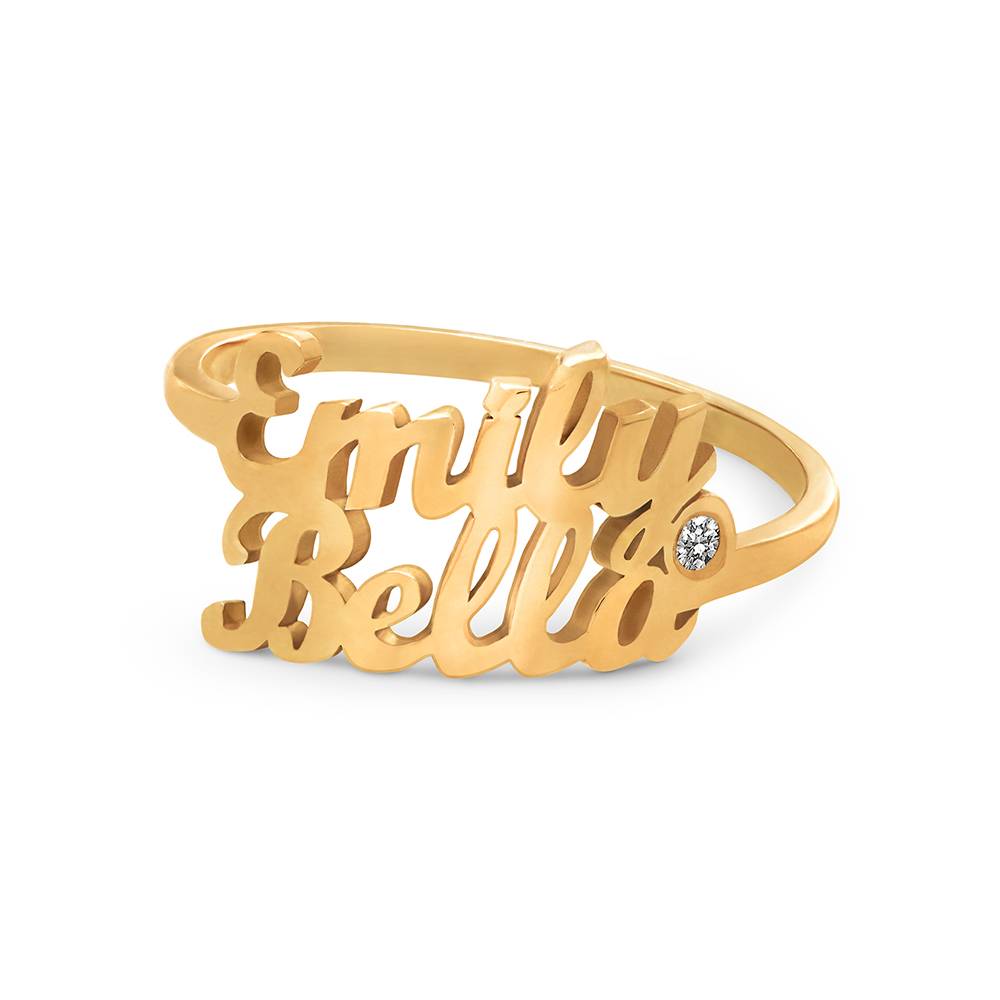 Script Double Name Ring with Diamond in 18K Gold Plating