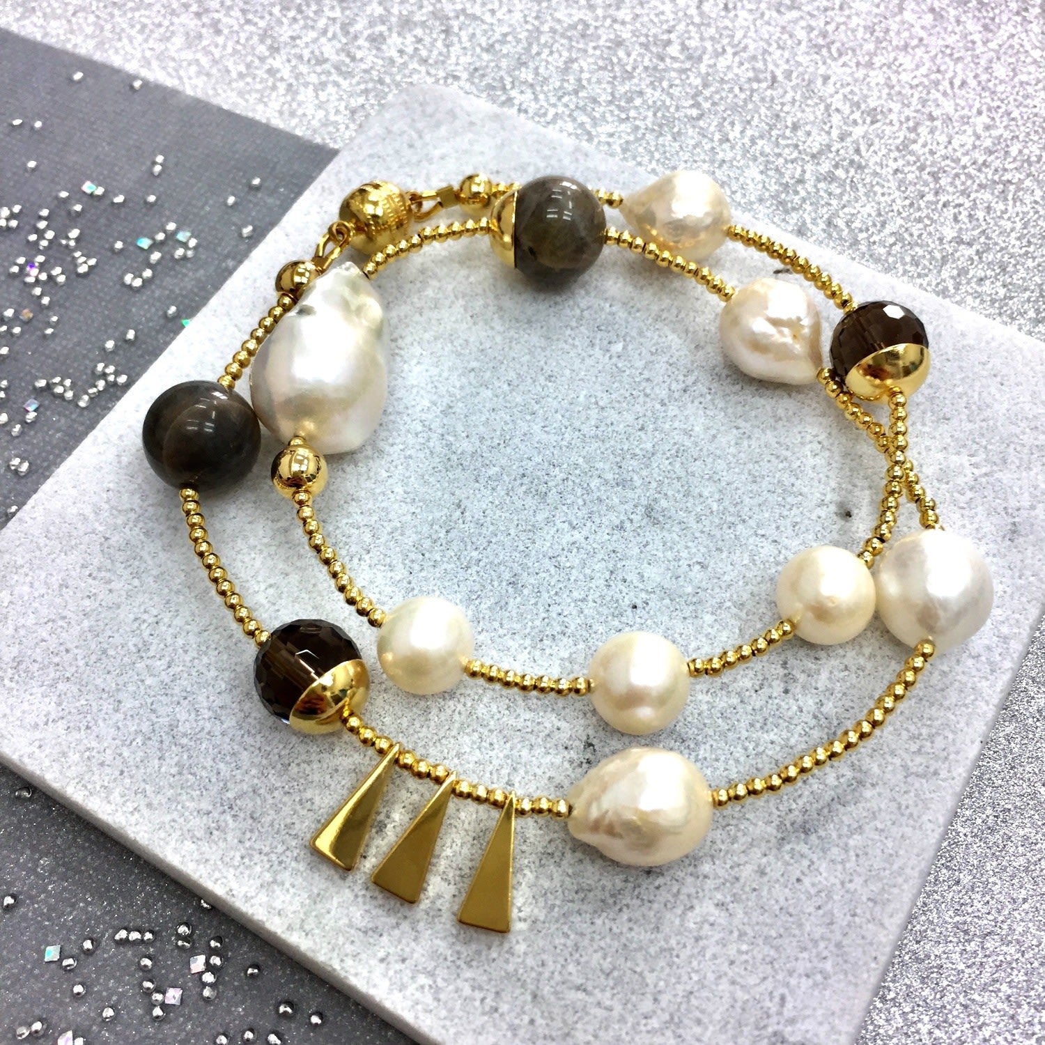 Freshwater Pearls & Labradorite Double Wrapped Bracelet