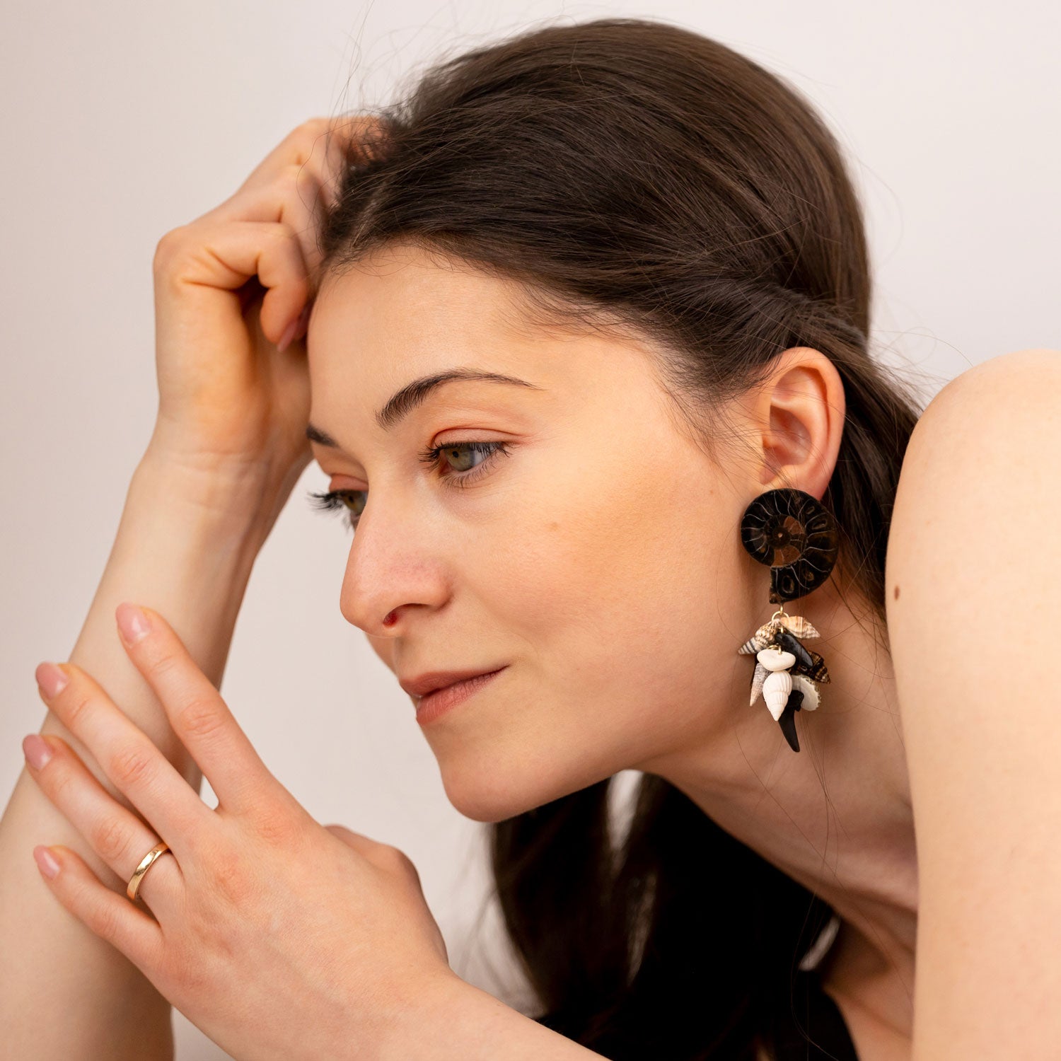 Sea Treasures Black Ammonite Shells Shark Teeth Fossils & Gold One Of A Kind Earrings