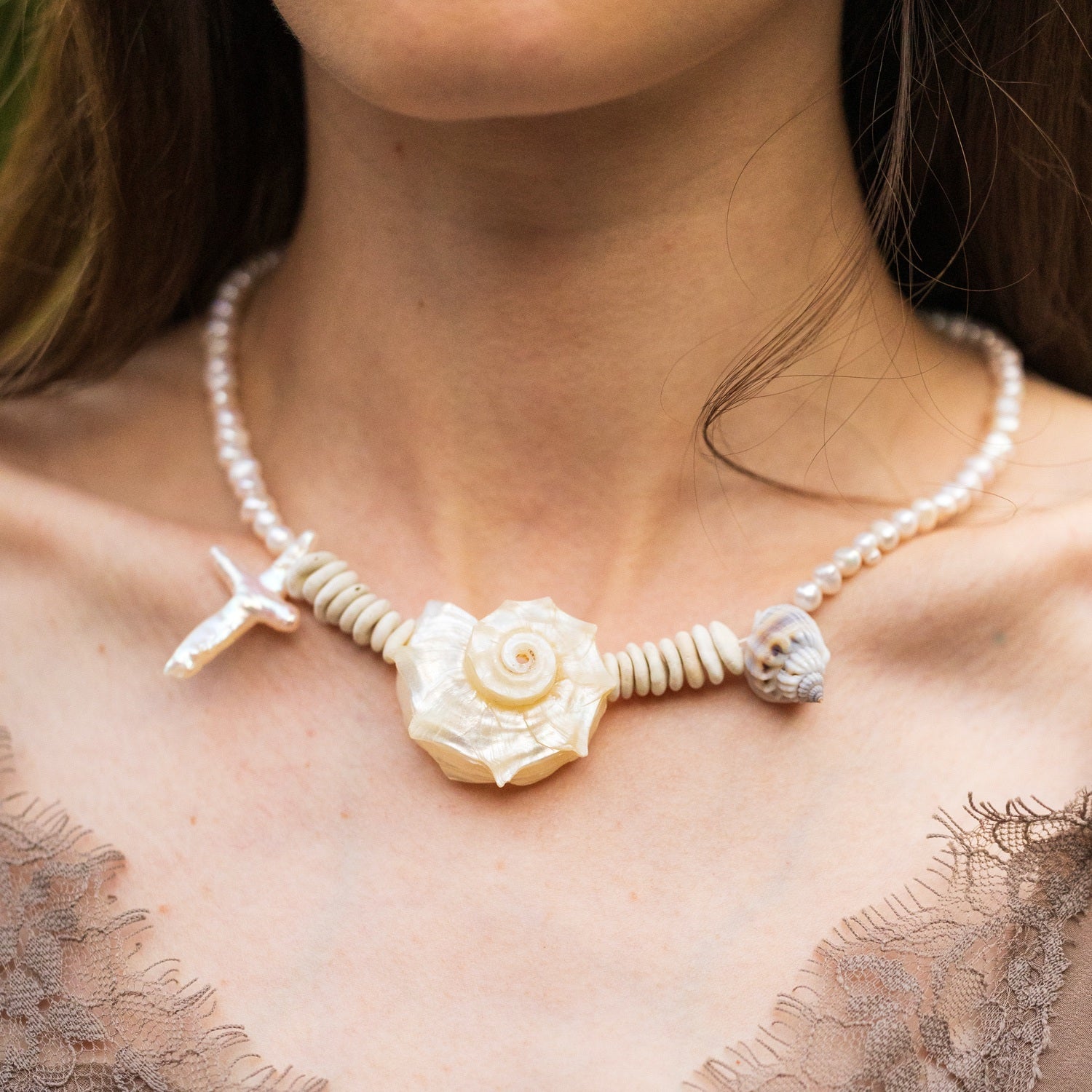 Sea Shells Pendant Freshwater Cross Pearl Silver Beach Summer Holiday Necklace