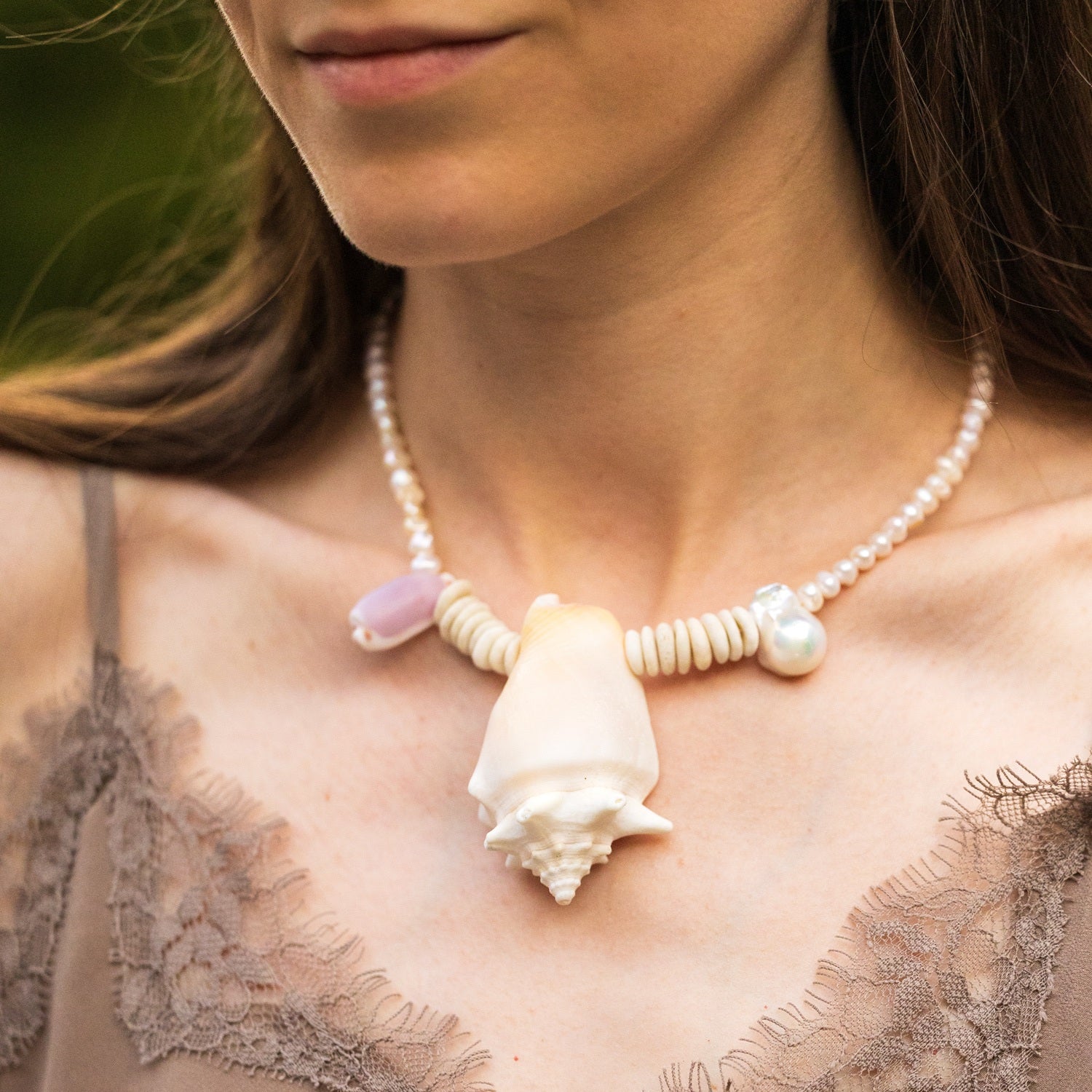 Beach Summer Holiday Necklace Sea Shells Pendant Pearls Silver