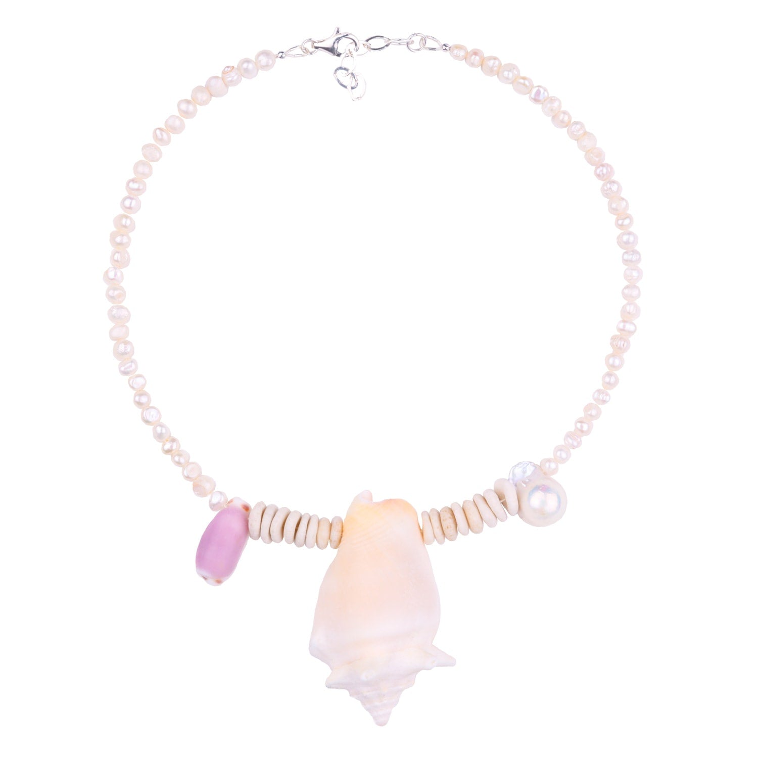 Beach Summer Holiday Necklace Sea Shells Pendant Pearls Silver