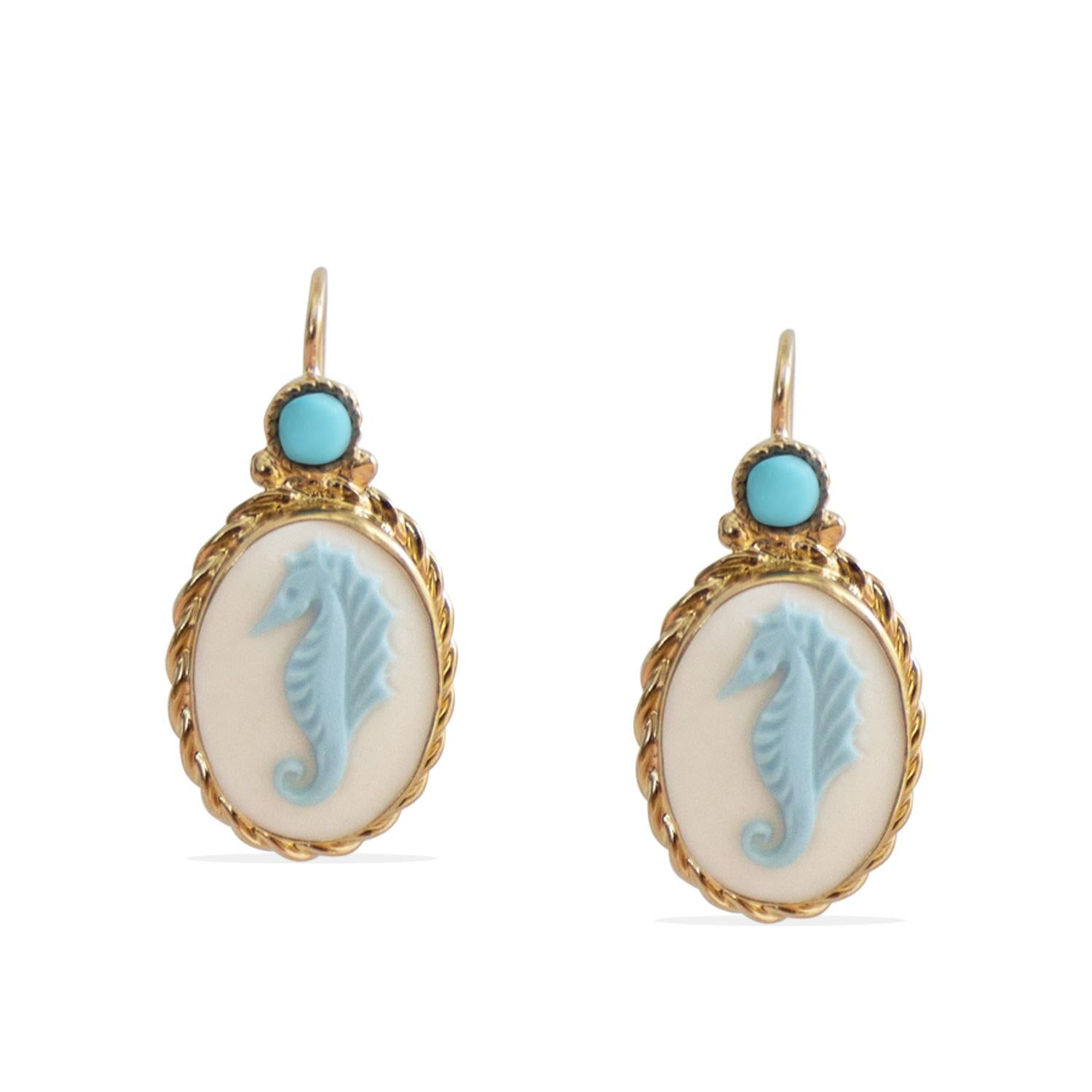 Seahorse Cameo Earrings With Turquoise