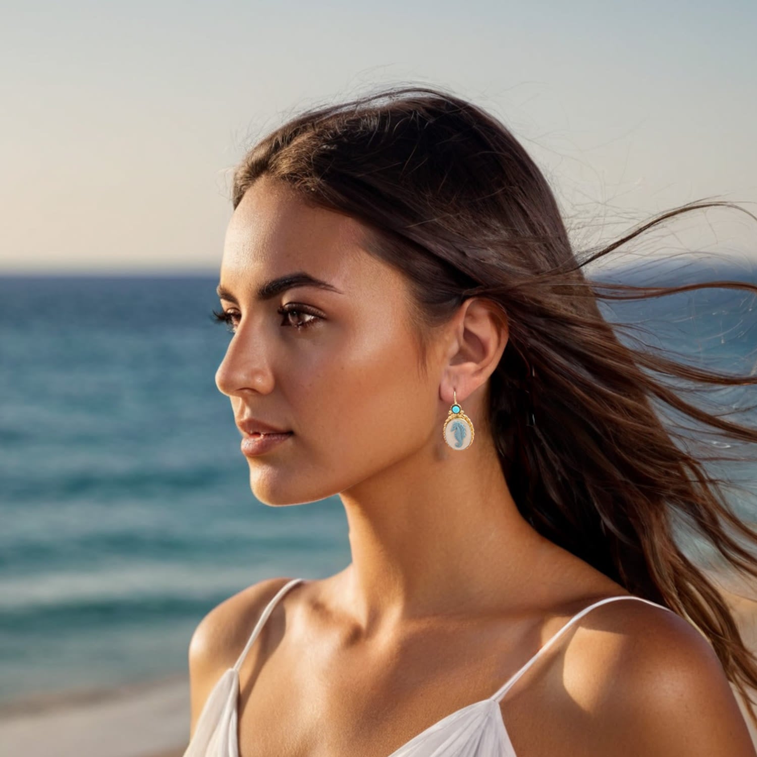 Seahorse Cameo Earrings With Turquoise