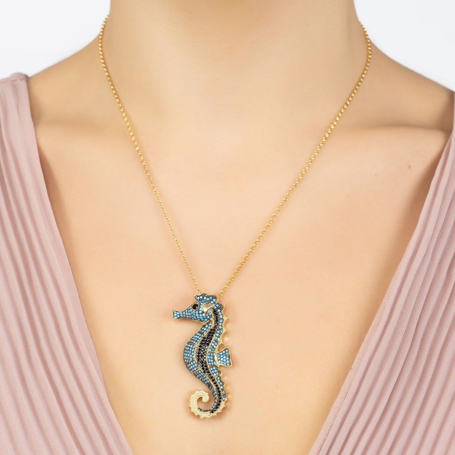 Seahorse Pendant Necklace Gold Turquoise