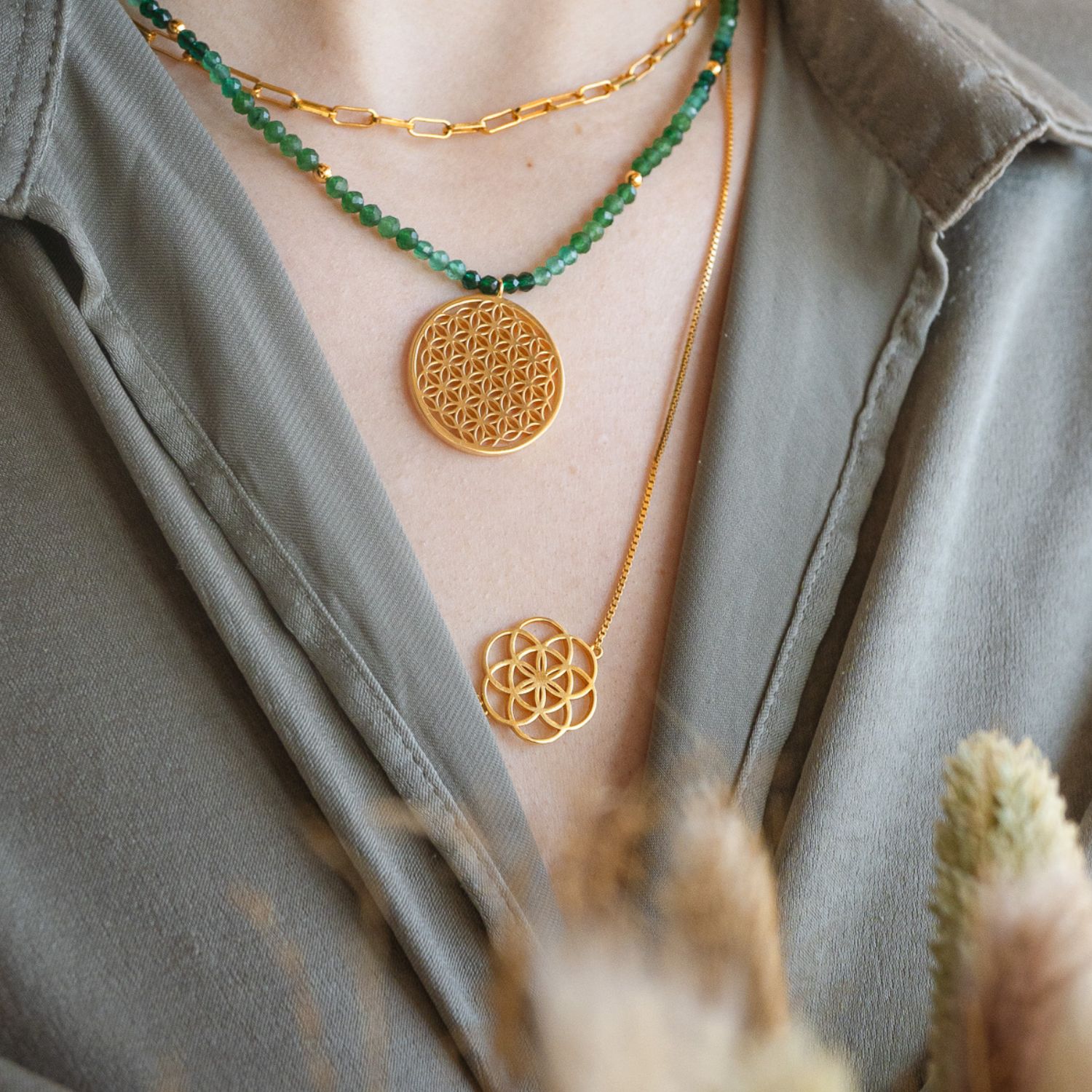 Seed Of Life Choker Or Y Style Lariat, Reversible Necklace, Gold