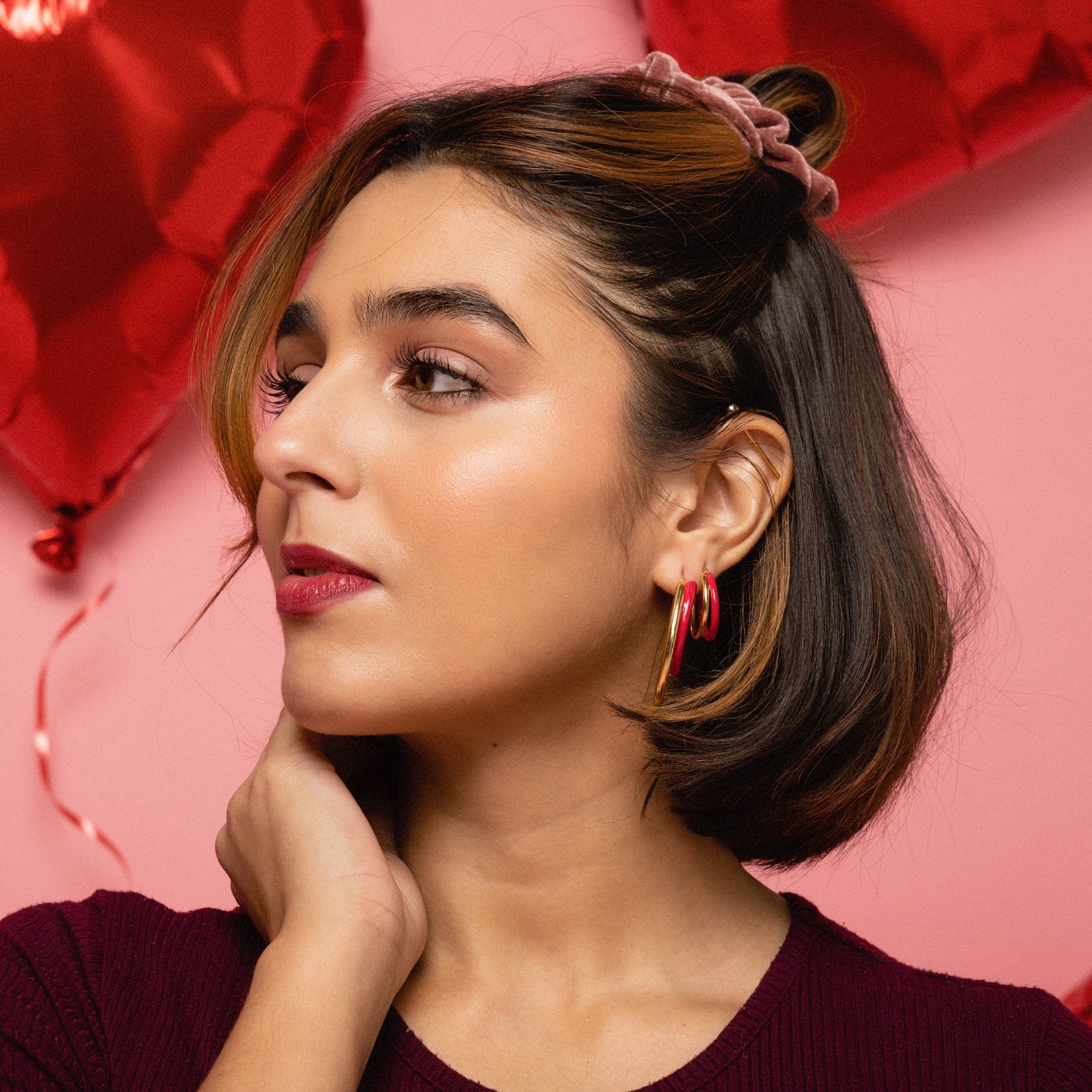 Double Oval Enamel Hoop Earrings In Pink