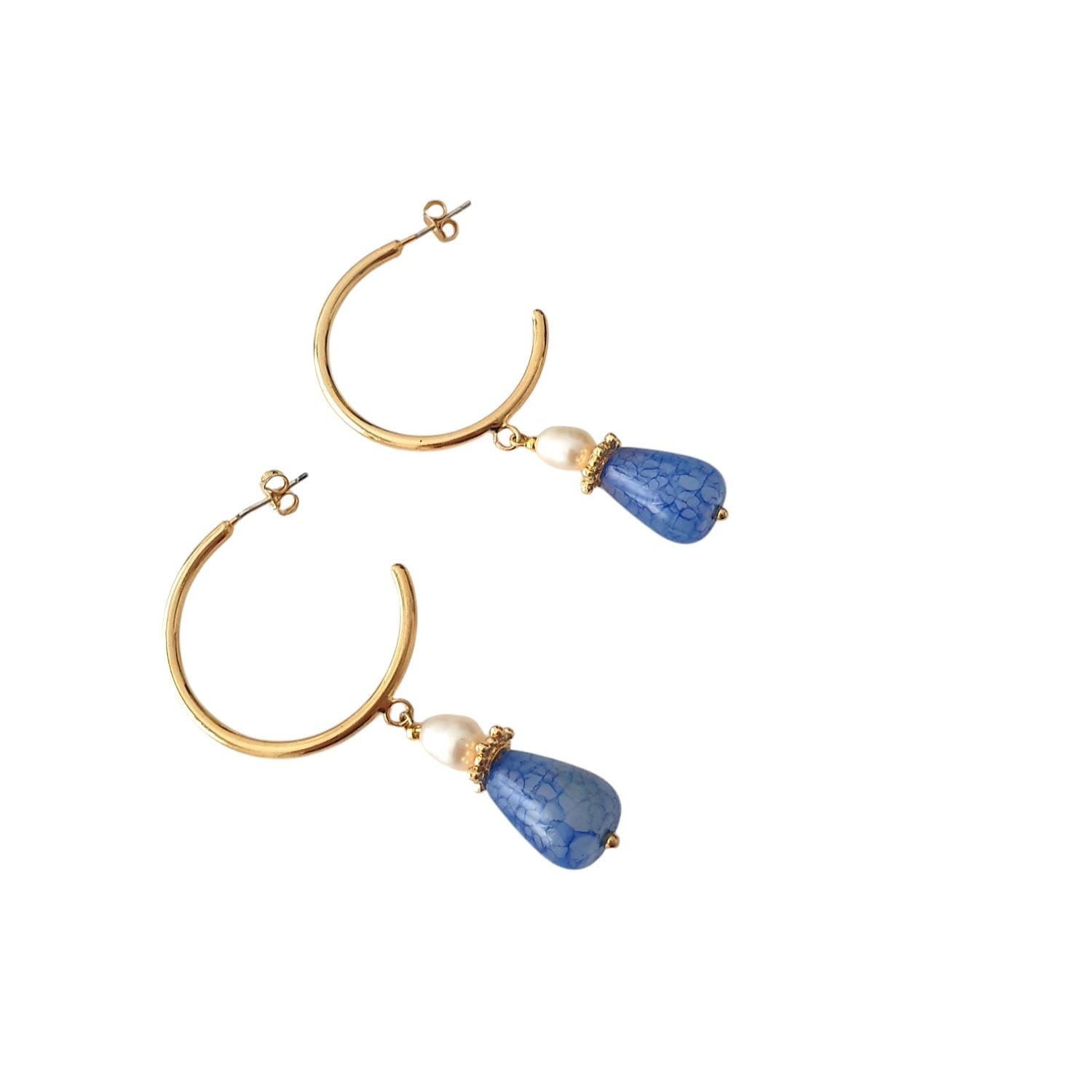 Semi Hoop Earrings With Blue Agate And White Pearls
