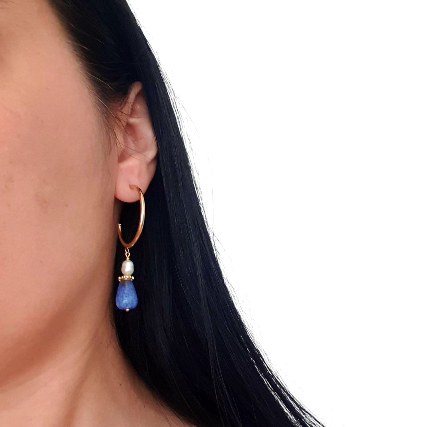Semi Hoop Earrings With Blue Agate And White Pearls