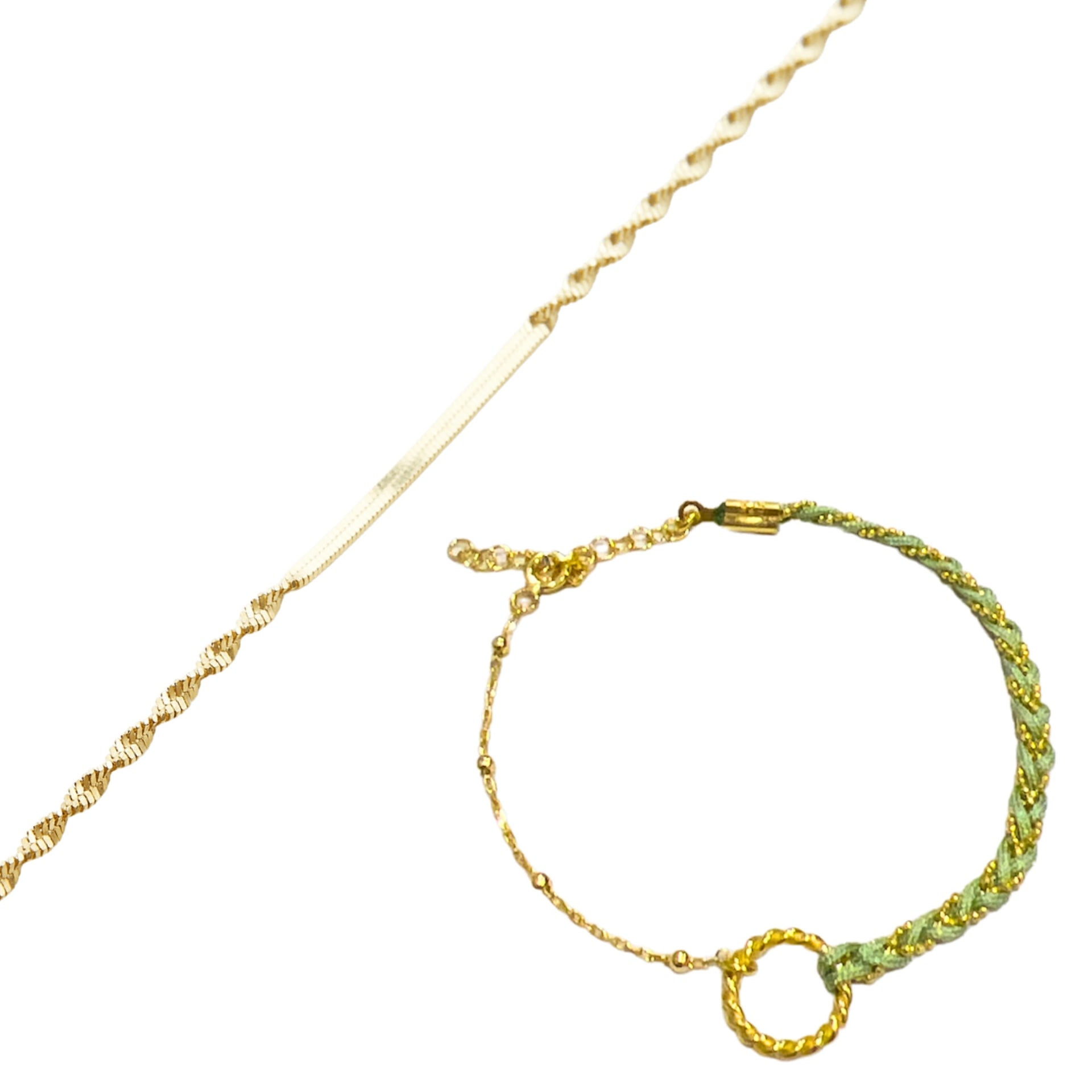 Semi Twisted & Handmade Braided Sterling Silver Bracelet Set - Green