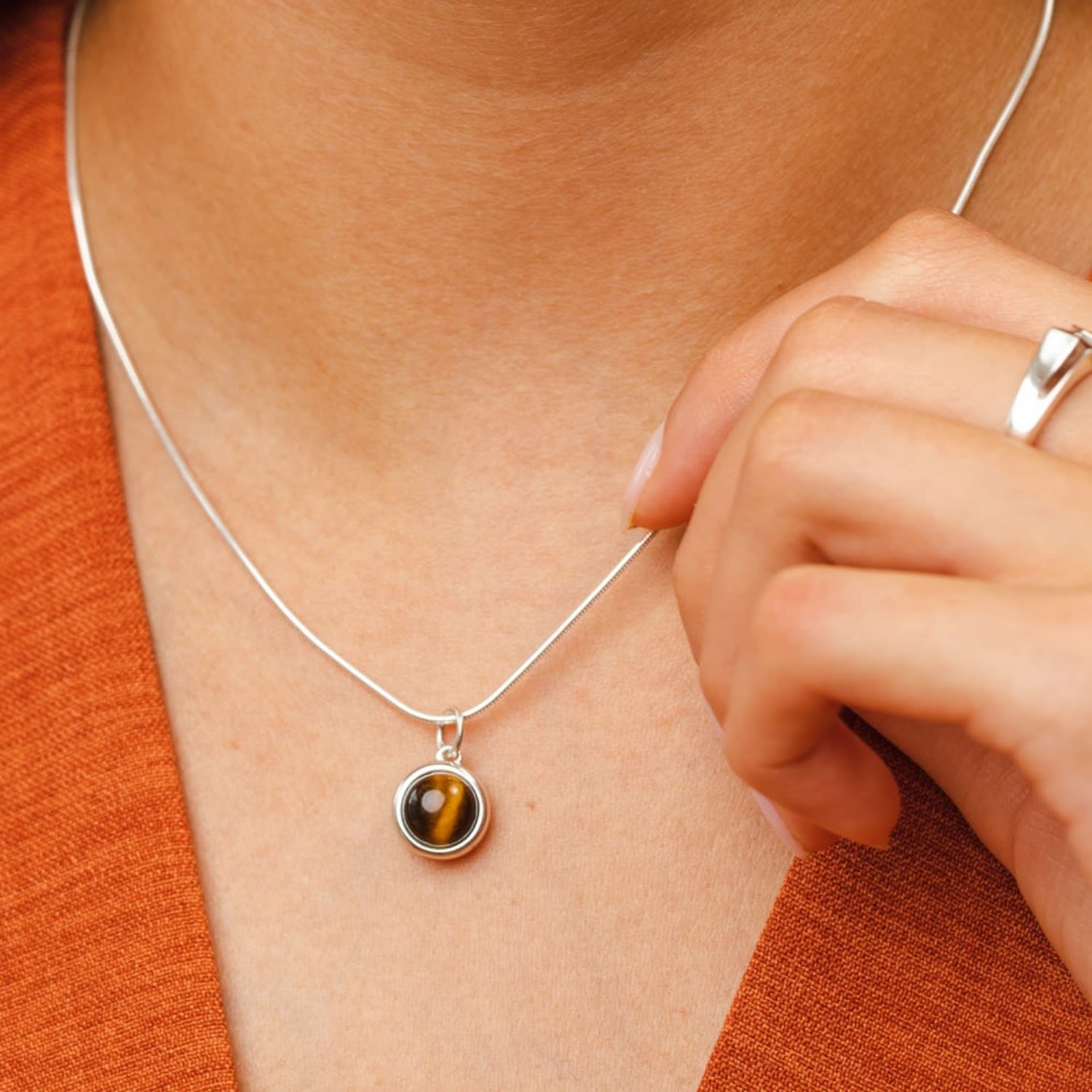 Sterling Silver Tigers Eye Healing Stone Necklace With Round Snake Chain - Courage Charm Necklace