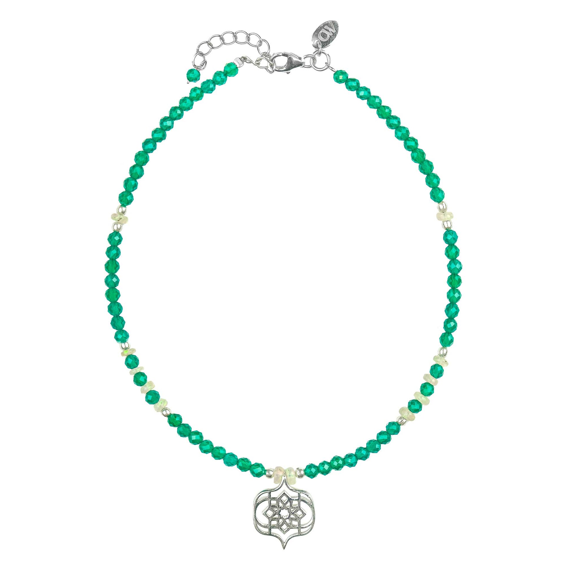 Sevilla Dream Silver Beaded Anklet - Green Onyx & Opal