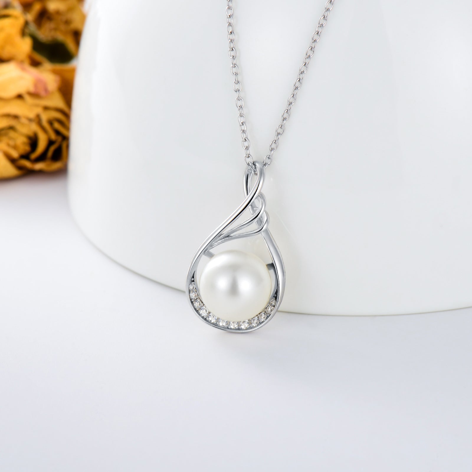 Sterling Silver Cubic Zirconia & Pearl Drop Necklace for Women