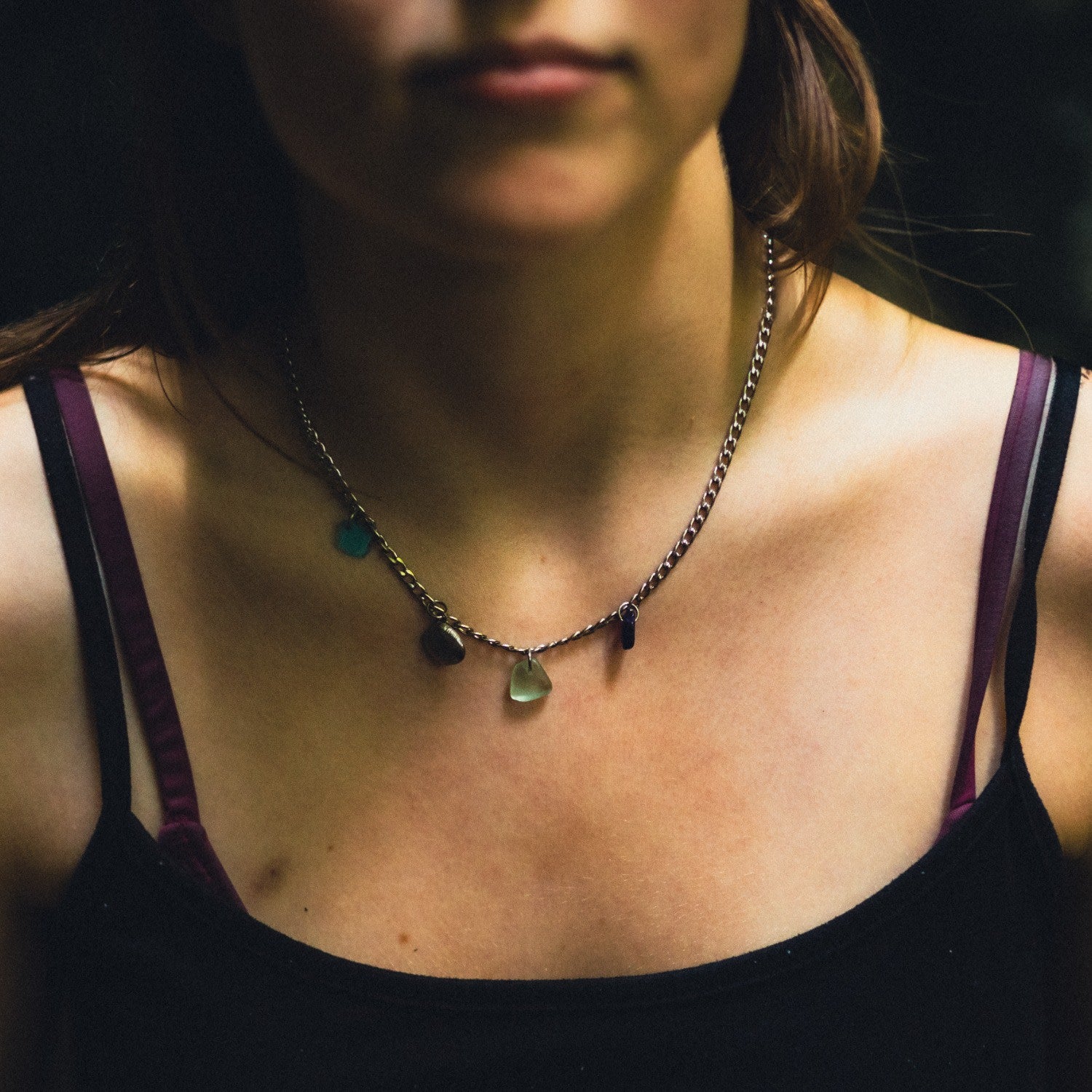 Shells Necklace Blue Sea Glass Steel