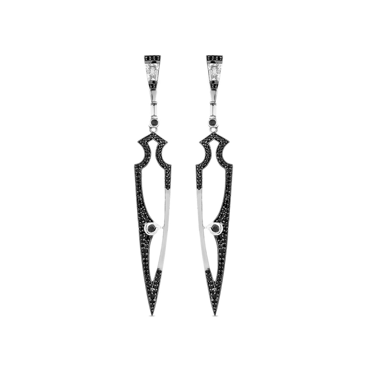 Shield Earrings With Natural Black Diamond & Man Made Cz Diamond Stimulant In Sterling Silver & Platinum Black