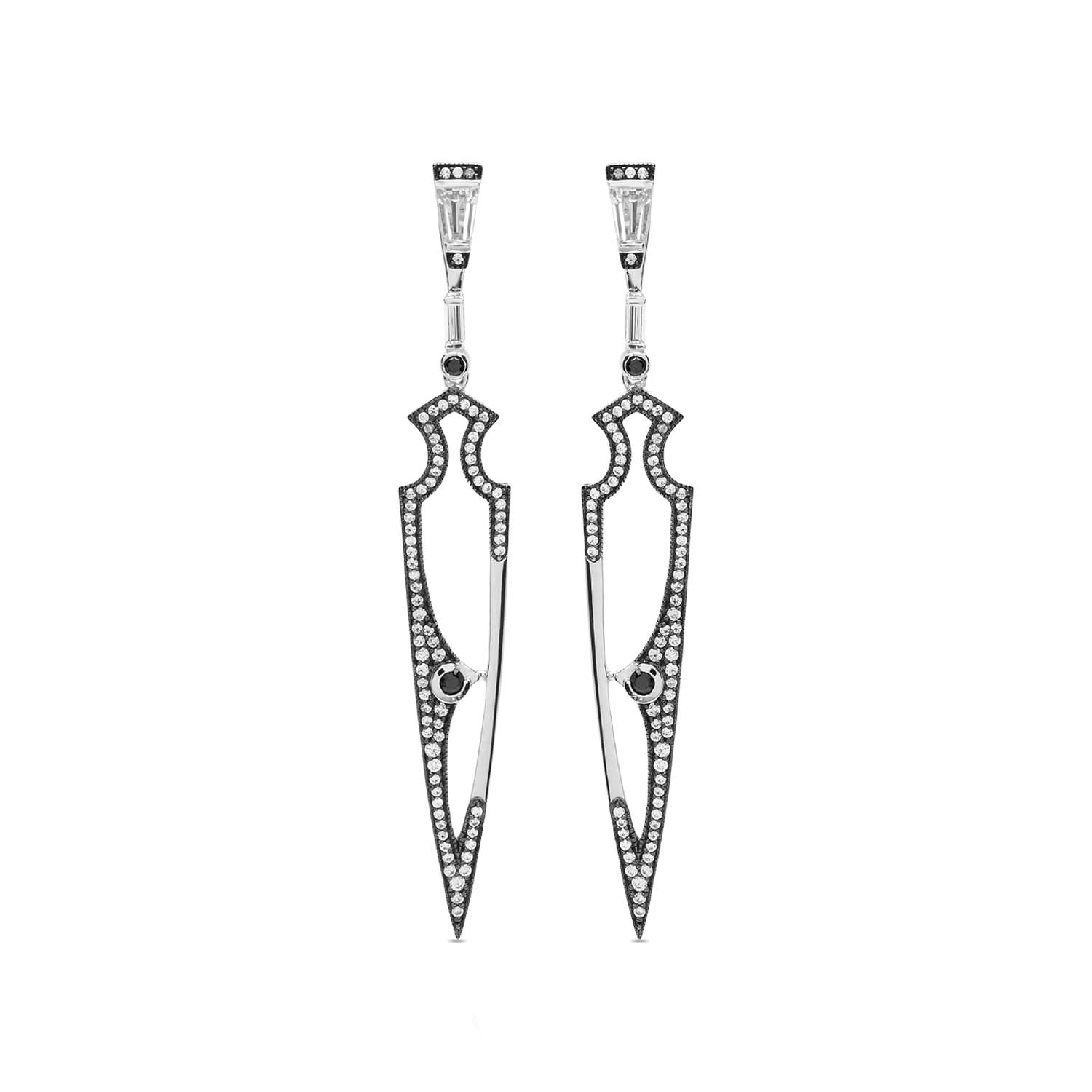 Shield Earrings With Natural Black Diamond & Man Made White Cz Diamond Stimulant In Platinum