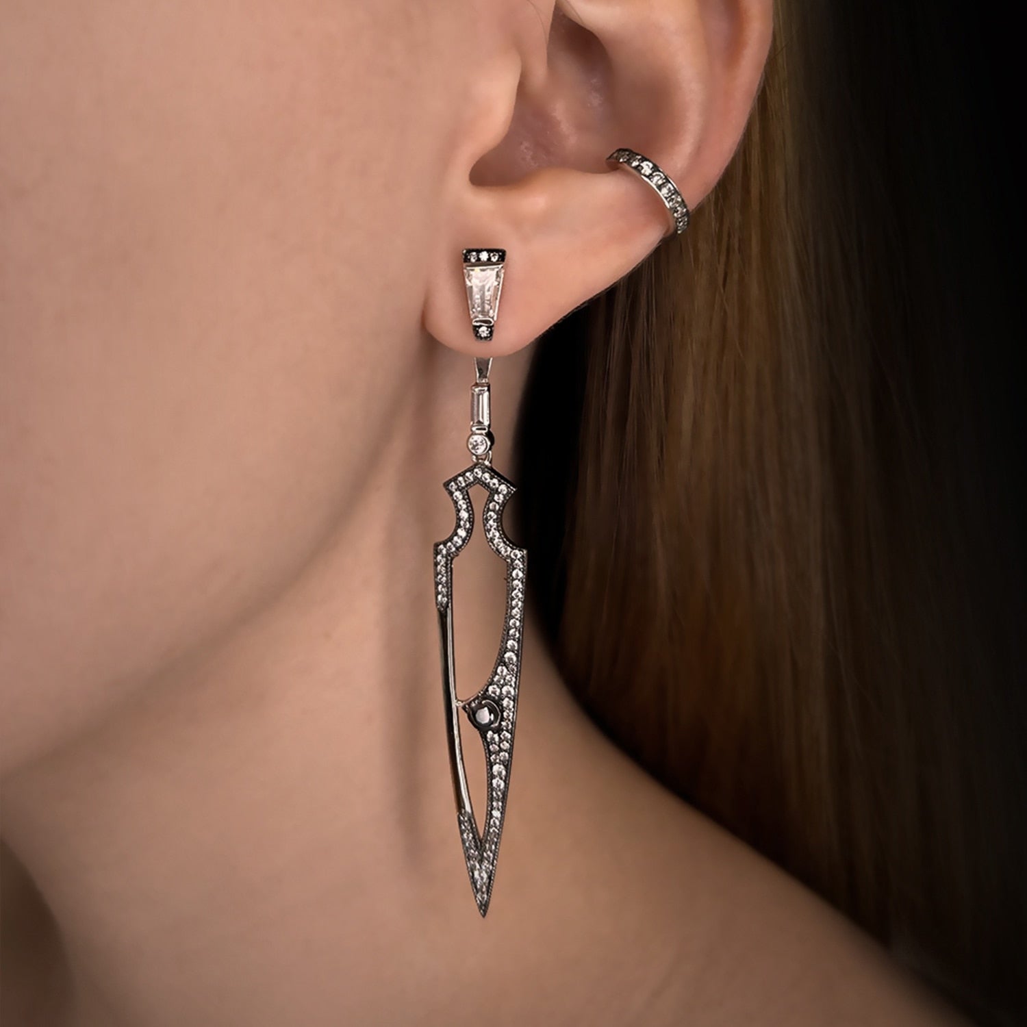 Shield Earrings With Natural Black Diamond & Man Made White Cz Diamond Stimulant In Platinum