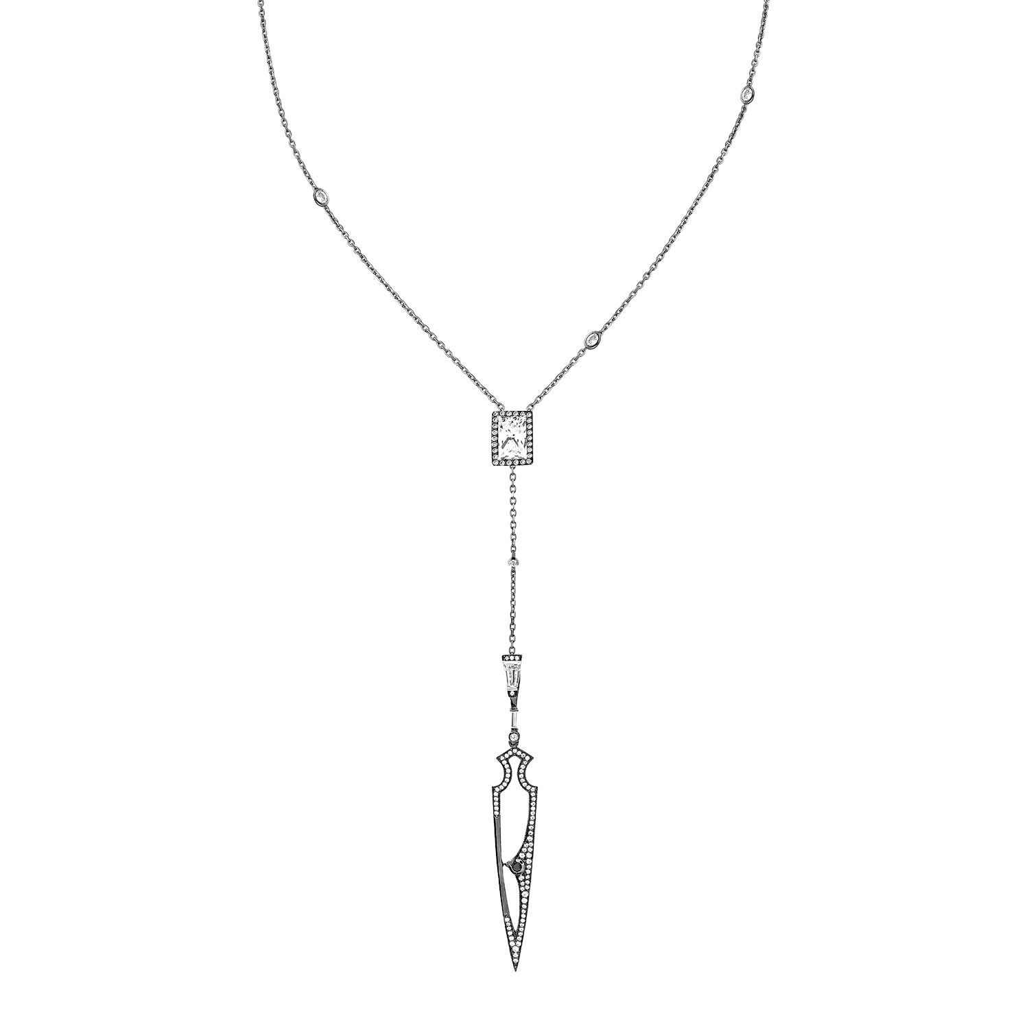 Shield Necklace With Natural Black Diamond & Man Made Cz Diamond Stimulant In Sterling Silver & Premium Black Rhodium