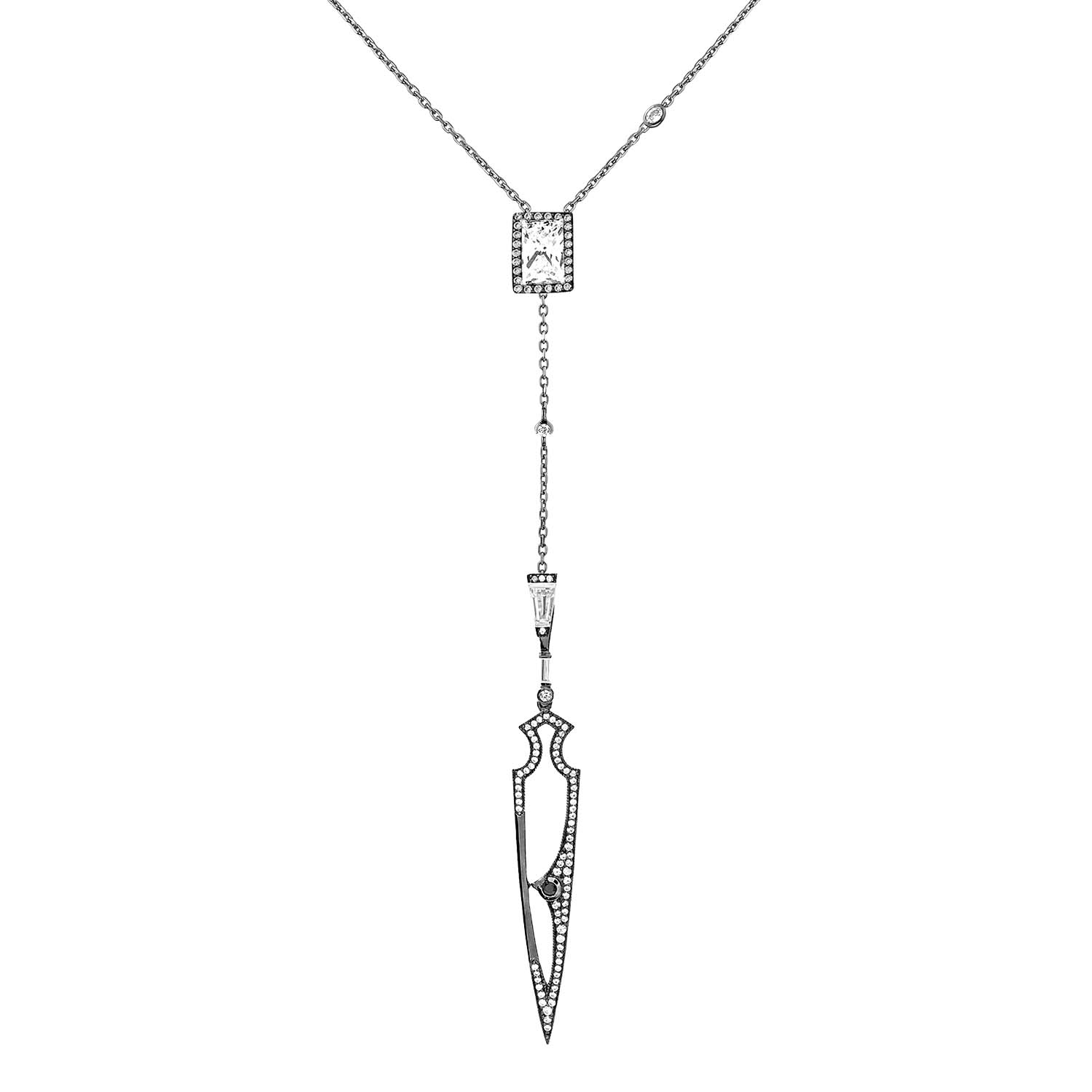 Shield Necklace With Natural Black Diamond & Man Made Cz Diamond Stimulant In Sterling Silver & Premium Black Rhodium
