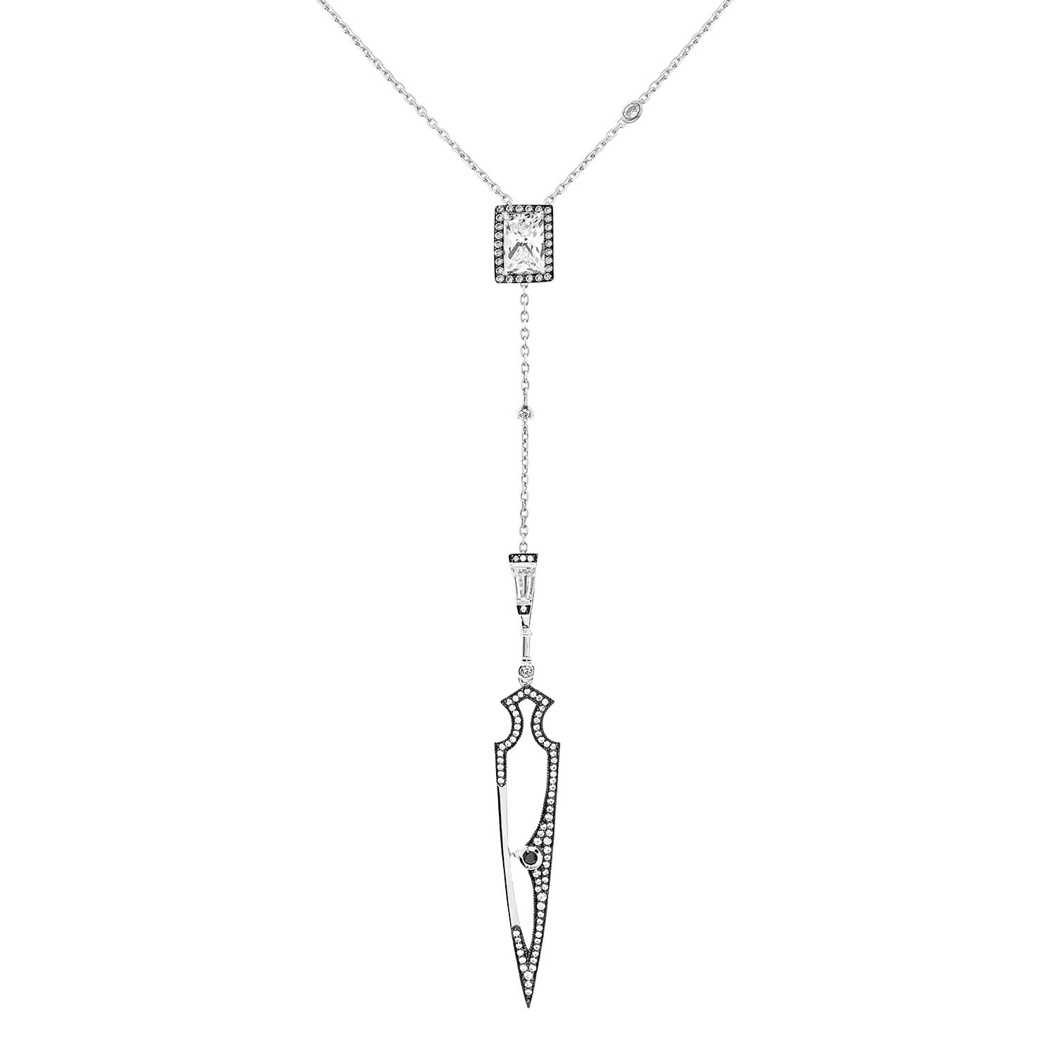 Shield Necklace With Natural Black Diamond & Man Made Cz Diamond Stimulant In Sterling Silver