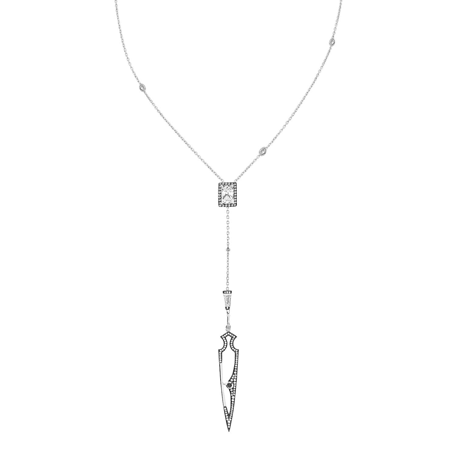 Shield Necklace With Natural Black Diamond & Man Made Cz Diamond Stimulant In Sterling Silver