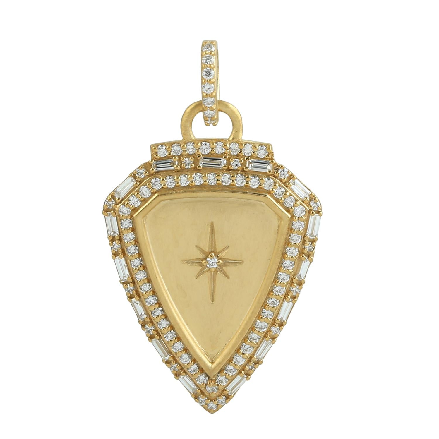 Shield Shaped Baguette Diamond Starburst Pendant In 18K Yellow Gold