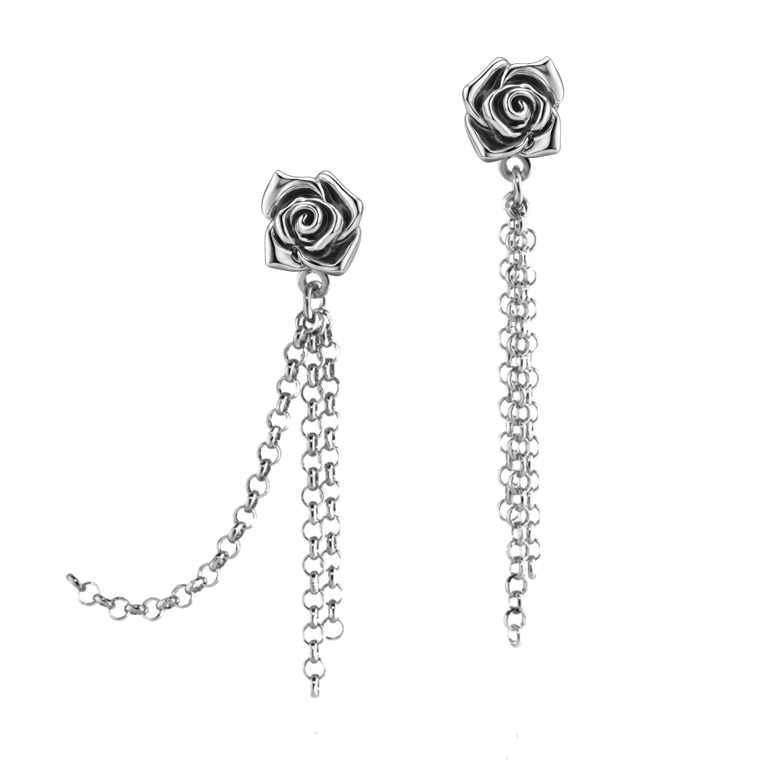 Shine Asymmetric Rose Drop Earrings In Sterling Silver – Floral Chain Jewelry – Earrings For Women