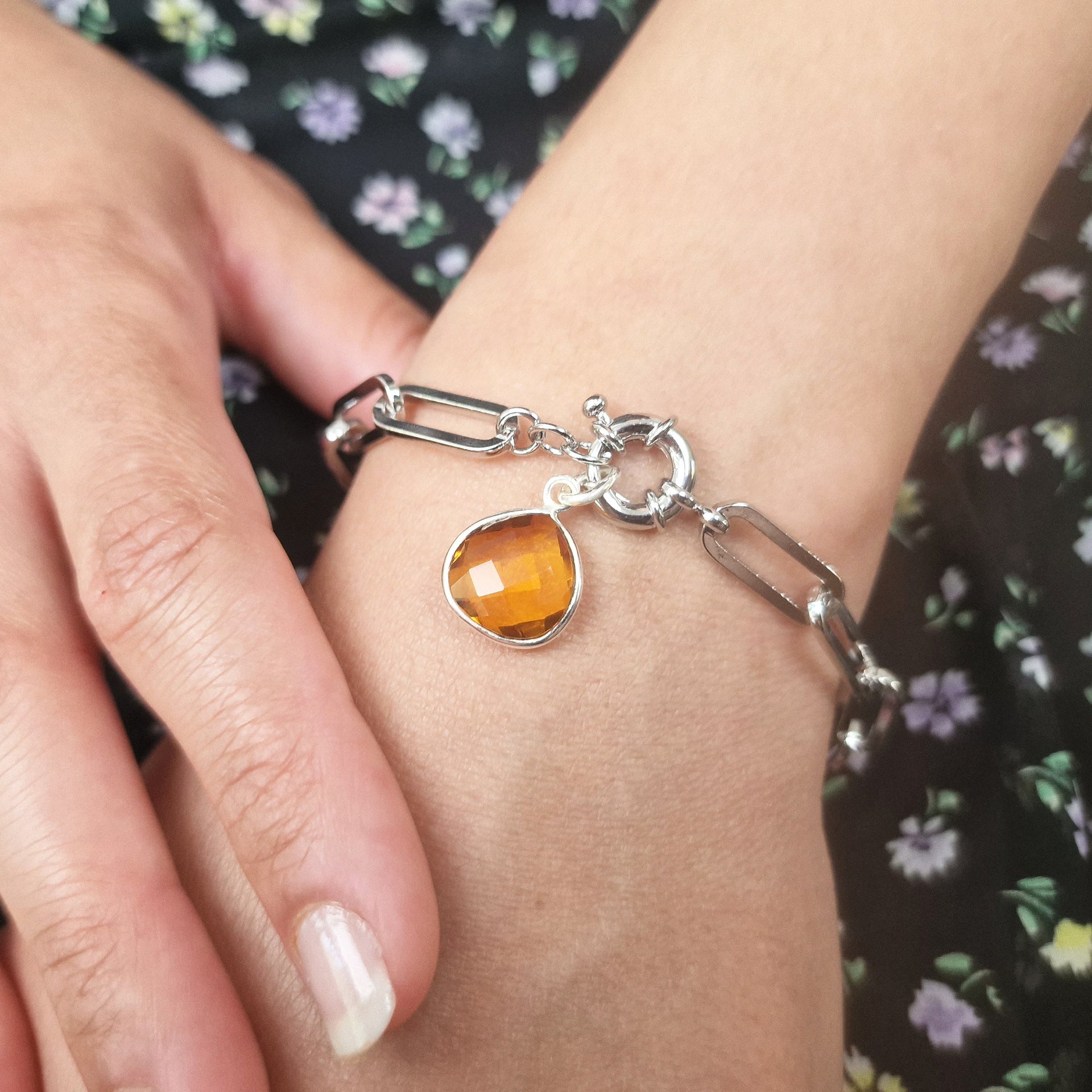 Shiny Citrine November Birthstone Silver Bracelet