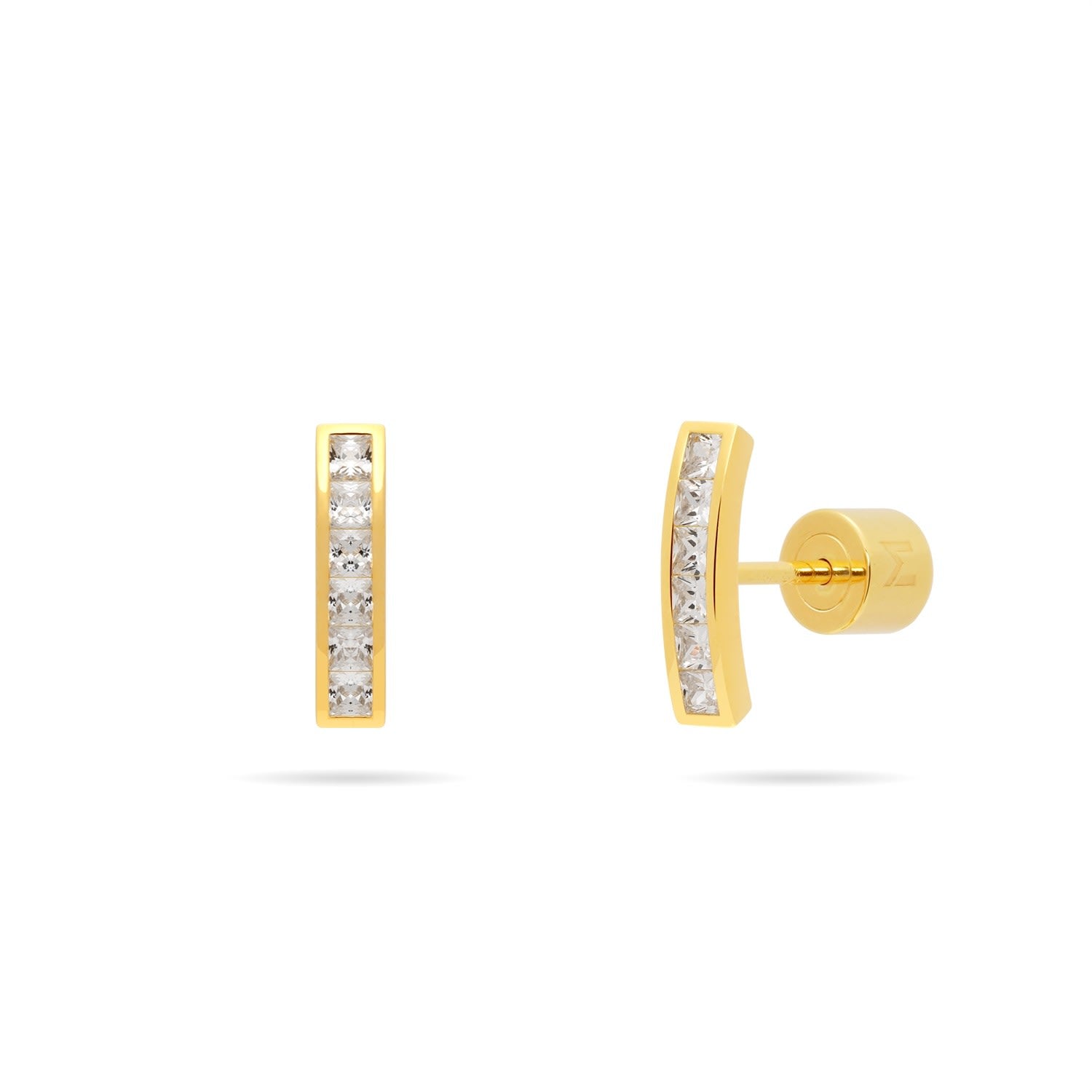 Short Arc Bar Stud Earrings With Channel Set Cz - Gold & Clear Cz