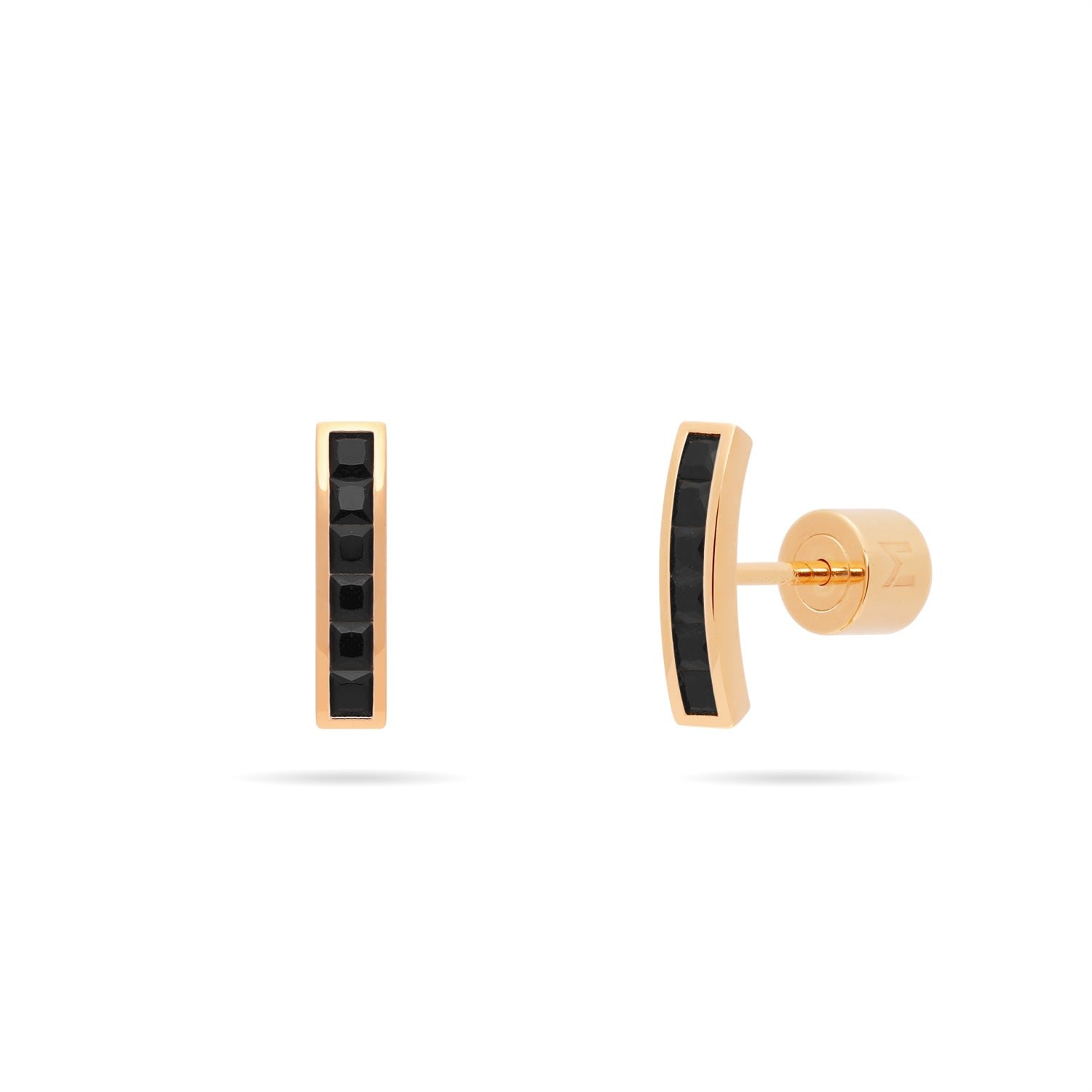 Short Arc Bar Stud Earrings With Channel Set Cz - Rose Gold & Black Cz