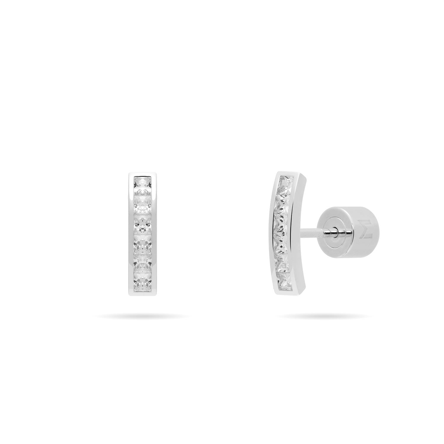Short Arc Bar Stud Earrings With Channel Set Cz - Silver & Clear Cz