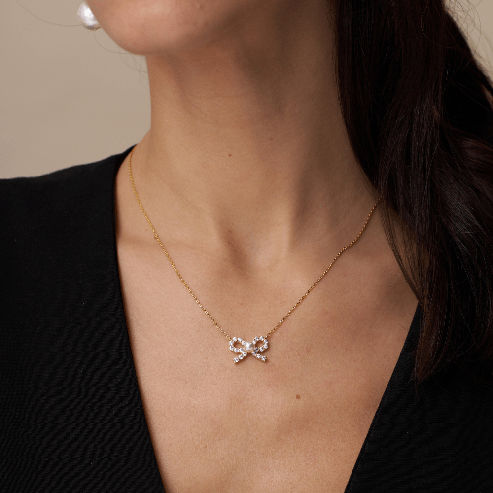 Pearl & Crystal Bow Charm Necklace