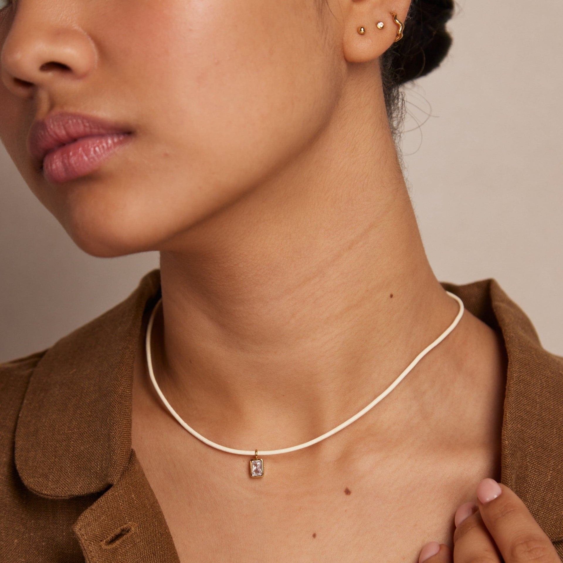 Crystal Baguette & Leather Adjustable Necklace