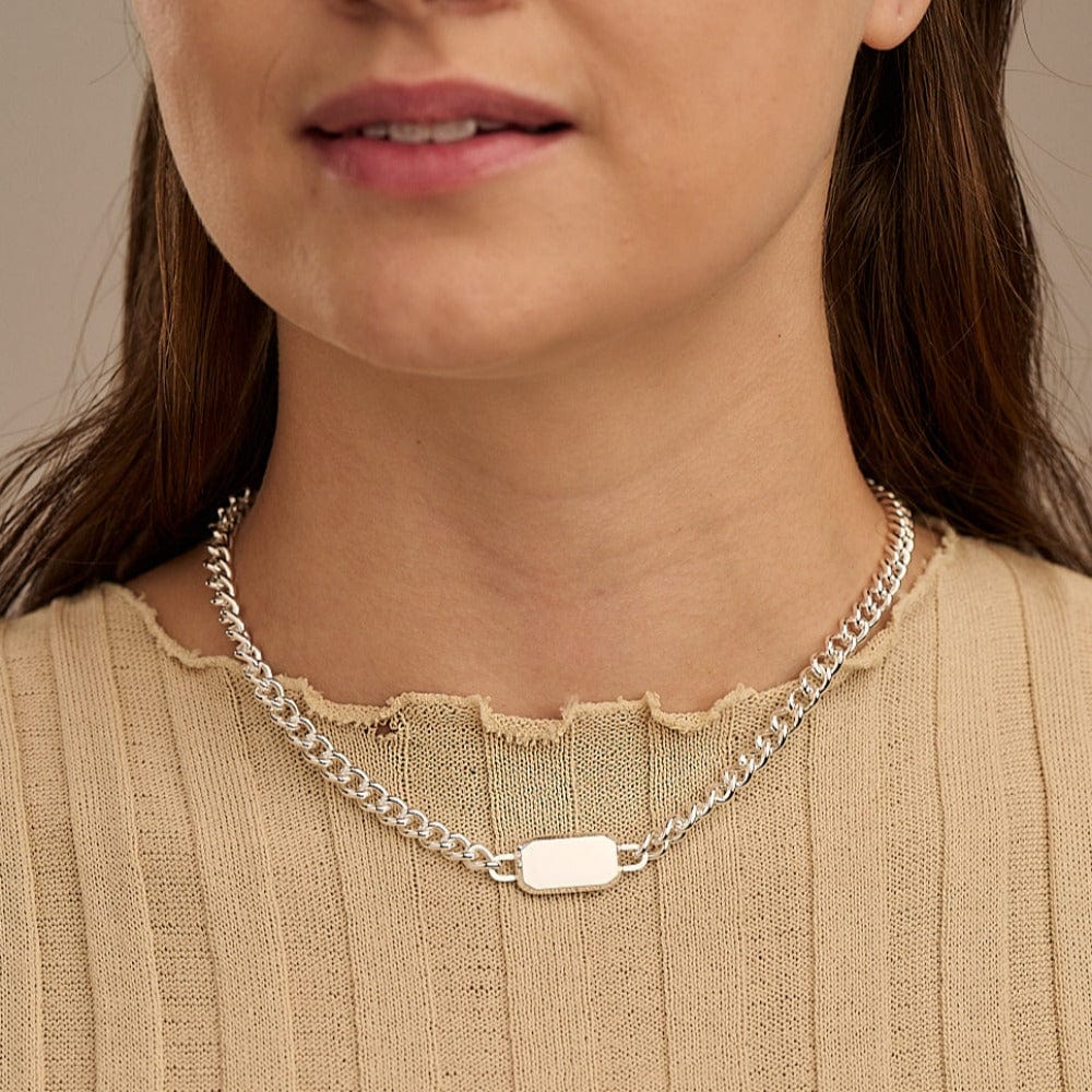 Rectangle Tag Chunky Chain Necklace - Silver