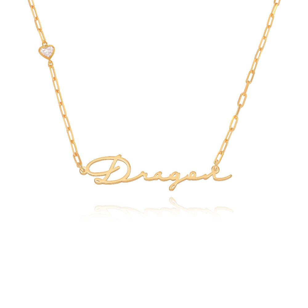 Signature Link Chain Name Necklace With Heart Diamond in 18K Gold Plating
