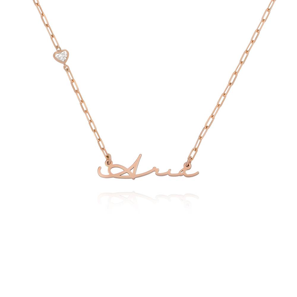 Signature Link Chain Name Necklace With Heart Diamond in 18K Rose Gold Plating